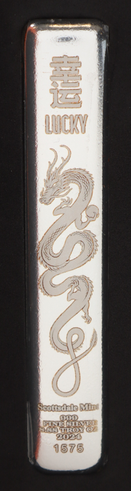2024 Scottsdale Mint "Lucky Dragon" 8.88 Troy oz .999 Fine Silver Bar With Presentation Case at PristineAuction.com 2024 Scottsdale Mint "Lucky Dragon" 8.88 Troy oz .999 Fine Silver Bar With Presentation Case at PristineAuction.com