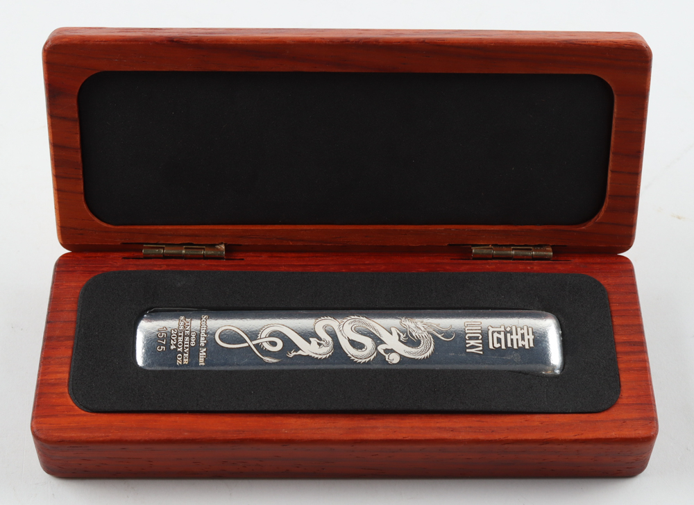 2024 Scottsdale Mint "Lucky Dragon" 8.88 Troy oz .999 Fine Silver Bar With Presentation Case at PristineAuction.com 2024 Scottsdale Mint "Lucky Dragon" 8.88 Troy oz .999 Fine Silver Bar With Presentation Case at PristineAuction.com