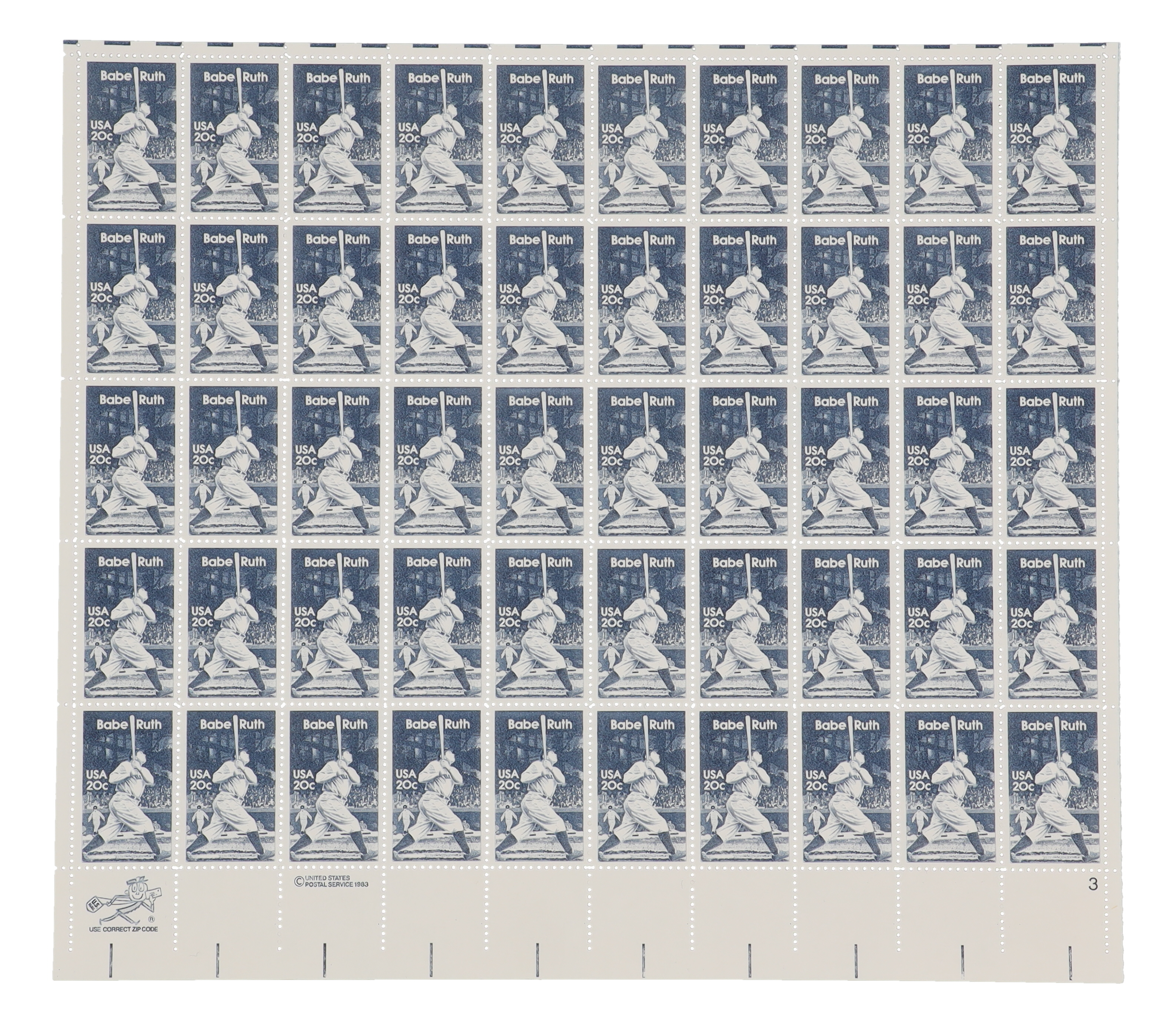 Babe Ruth 1983 Full Uncut U.S. Postage Stamp Sheet at PristineAuction.com Babe Ruth 1983 Full Uncut U.S. Postage Stamp Sheet at PristineAuction.com