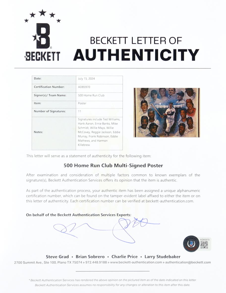 "500 Home Run Club" Custom Framed Poster Print Signed By (11) with Willie Mays, Hank Aaron, Ted Williams, Willie McCovey (Beckett) at PristineAuction.com "500 Home Run Club" Custom Framed Poster Print Signed By (11) with Willie Mays, Hank Aaron, Ted Williams, Willie McCovey (Beckett) at PristineAuction.com