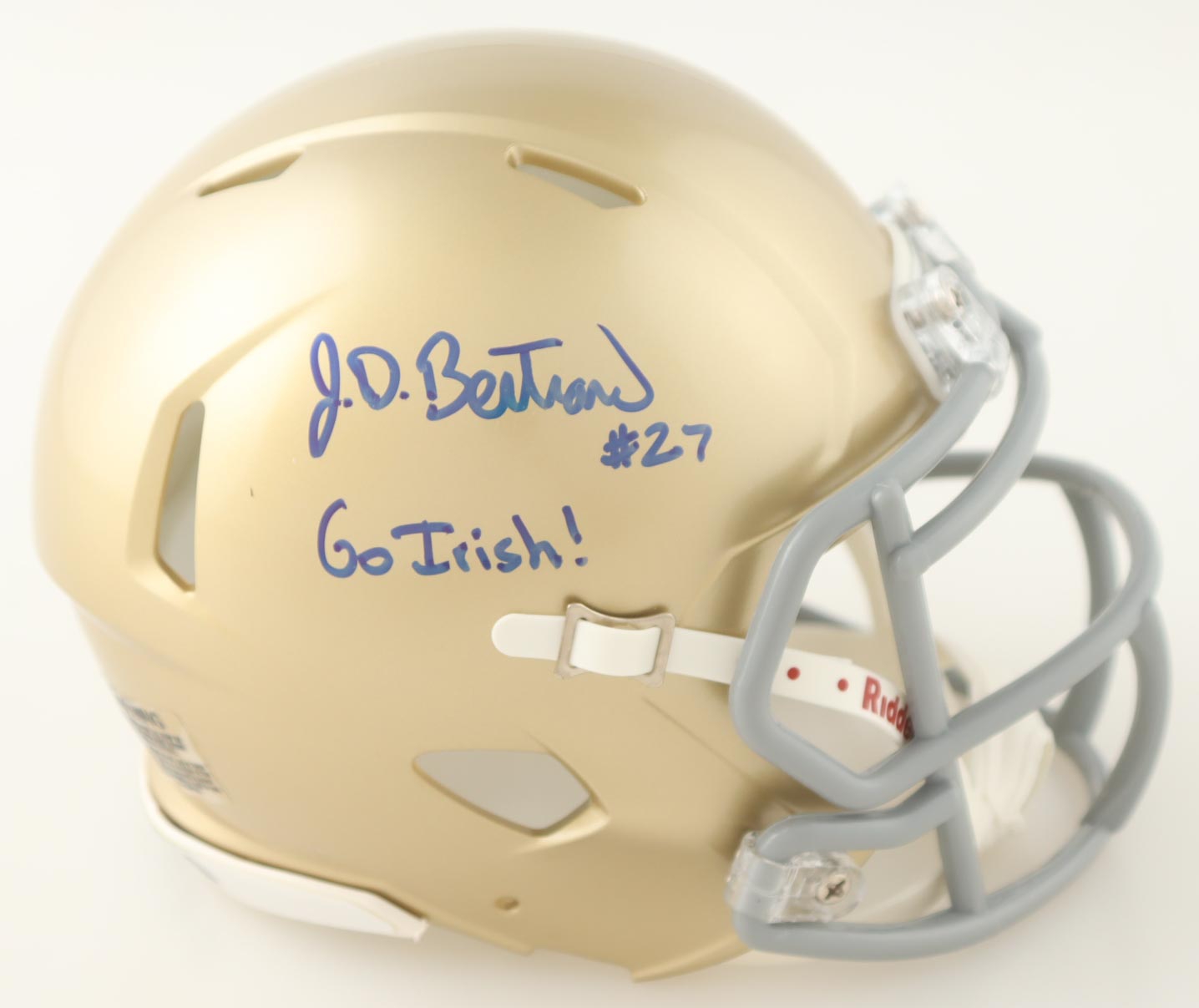 J.D. Bertrand Signed Notre Dame Fighting Irish Speed Mini Helmet Inscribed "Go Irish!" (JSA) at PristineAuction.com J.D. Bertrand Signed Notre Dame Fighting Irish Speed Mini Helmet Inscribed "Go Irish!" (JSA) at PristineAuction.com