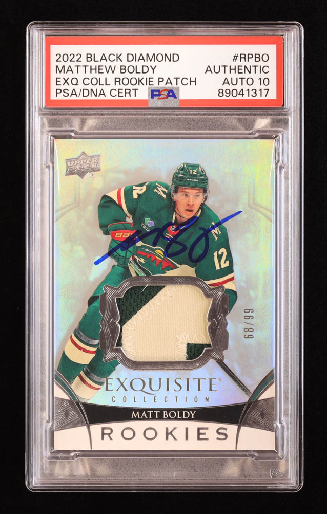 Matt Boldy Signed 2022-23 Exquisite Collection Rookie Patch #RPBO RC #68/99 (PSA | Autograph Grade 10) at PristineAuction.com Matt Boldy Signed 2022-23 Exquisite Collection Rookie Patch #RPBO RC #68/99 (PSA | Autograph Grade 10) at PristineAuction.com