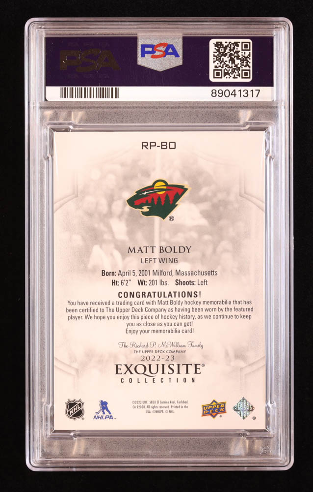 Matt Boldy Signed 2022-23 Exquisite Collection Rookie Patch #RPBO RC #68/99 (PSA | Autograph Grade 10) at PristineAuction.com Matt Boldy Signed 2022-23 Exquisite Collection Rookie Patch #RPBO RC #68/99 (PSA | Autograph Grade 10) at PristineAuction.com