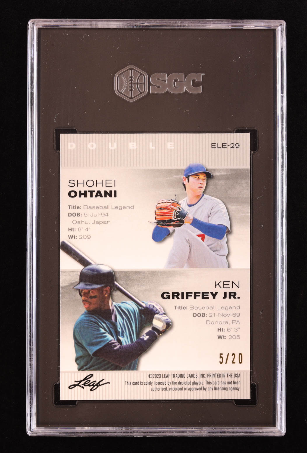 Shohei Ohtani / Ken Griffey Jr. 2023 Leaf Special Release Exclusive Legends Edition Double Mojo Blue #ELE29 #5/20 (SGC 9.5) at PristineAuction.com Shohei Ohtani / Ken Griffey Jr. 2023 Leaf Special Release Exclusive Legends Edition Double Mojo Blue #ELE29 #5/20 (SGC 9.5) at PristineAuction.com