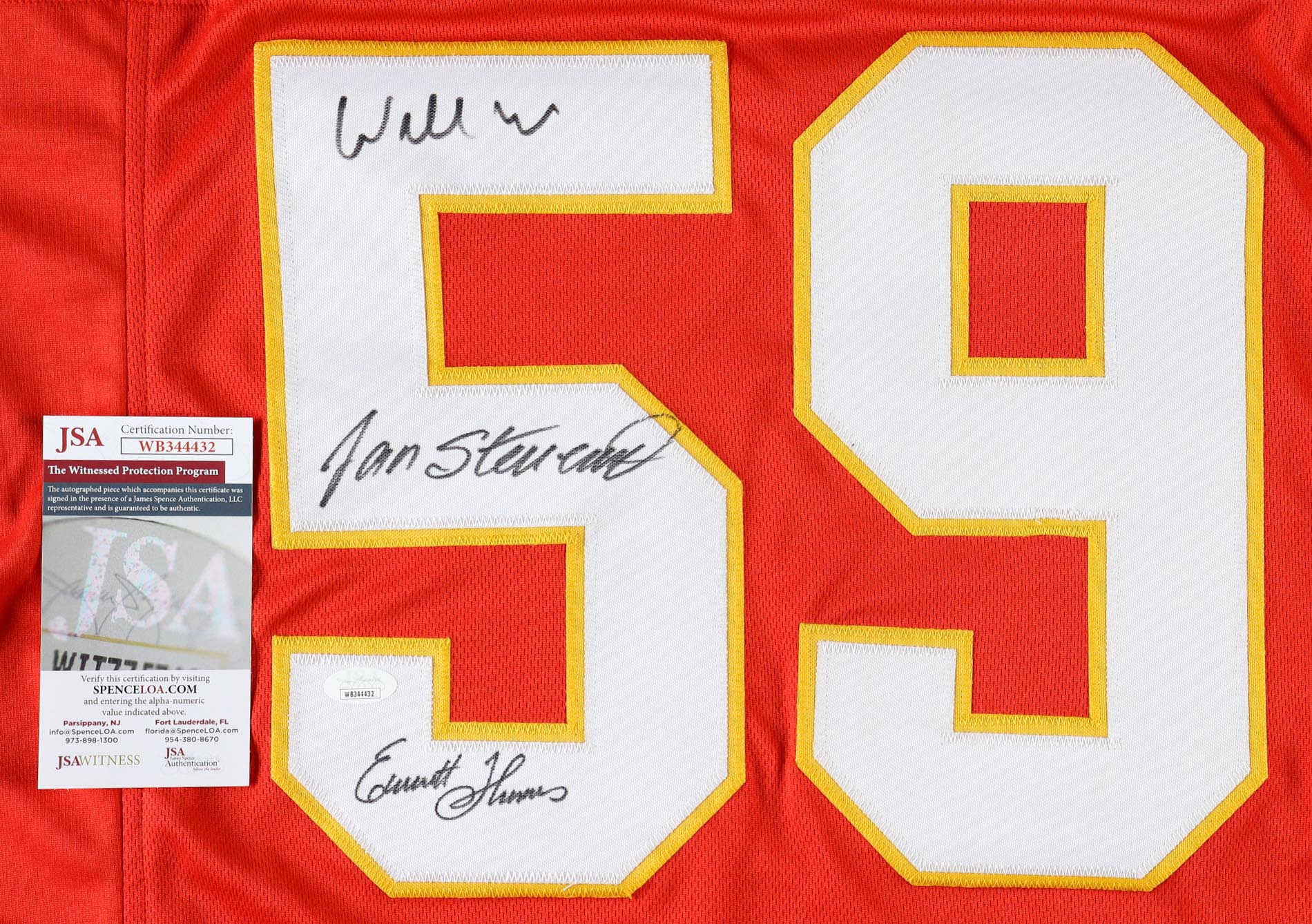 Jan Stenerud, Willie Roaf & Emmitt Thomas Signed Jersey (JSA) at PristineAuction.com Jan Stenerud, Willie Roaf & Emmitt Thomas Signed Jersey (JSA) at PristineAuction.com