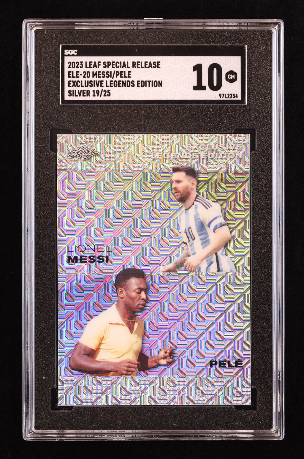 Lionel Messi / Pele 2023 Leaf Special Release Exclusive Legends Edition Double Mojo Silver #ELE20 #19/25 (SGC 10) at PristineAuction.com Lionel Messi / Pele 2023 Leaf Special Release Exclusive Legends Edition Double Mojo Silver #ELE20 #19/25 (SGC 10) at PristineAuction.com