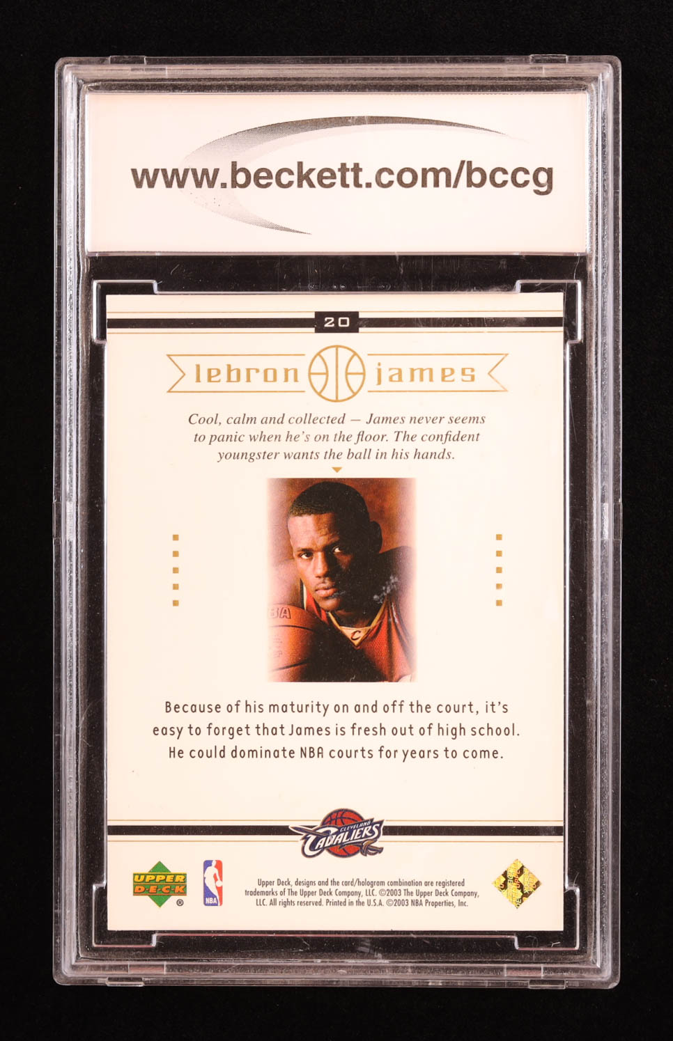 LeBron James 2003 Upper Deck LeBron James Box Set #20 Wise Beyond His Years RC (BCCG 10) at PristineAuction.com LeBron James 2003 Upper Deck LeBron James Box Set #20 Wise Beyond His Years RC (BCCG 10) at PristineAuction.com