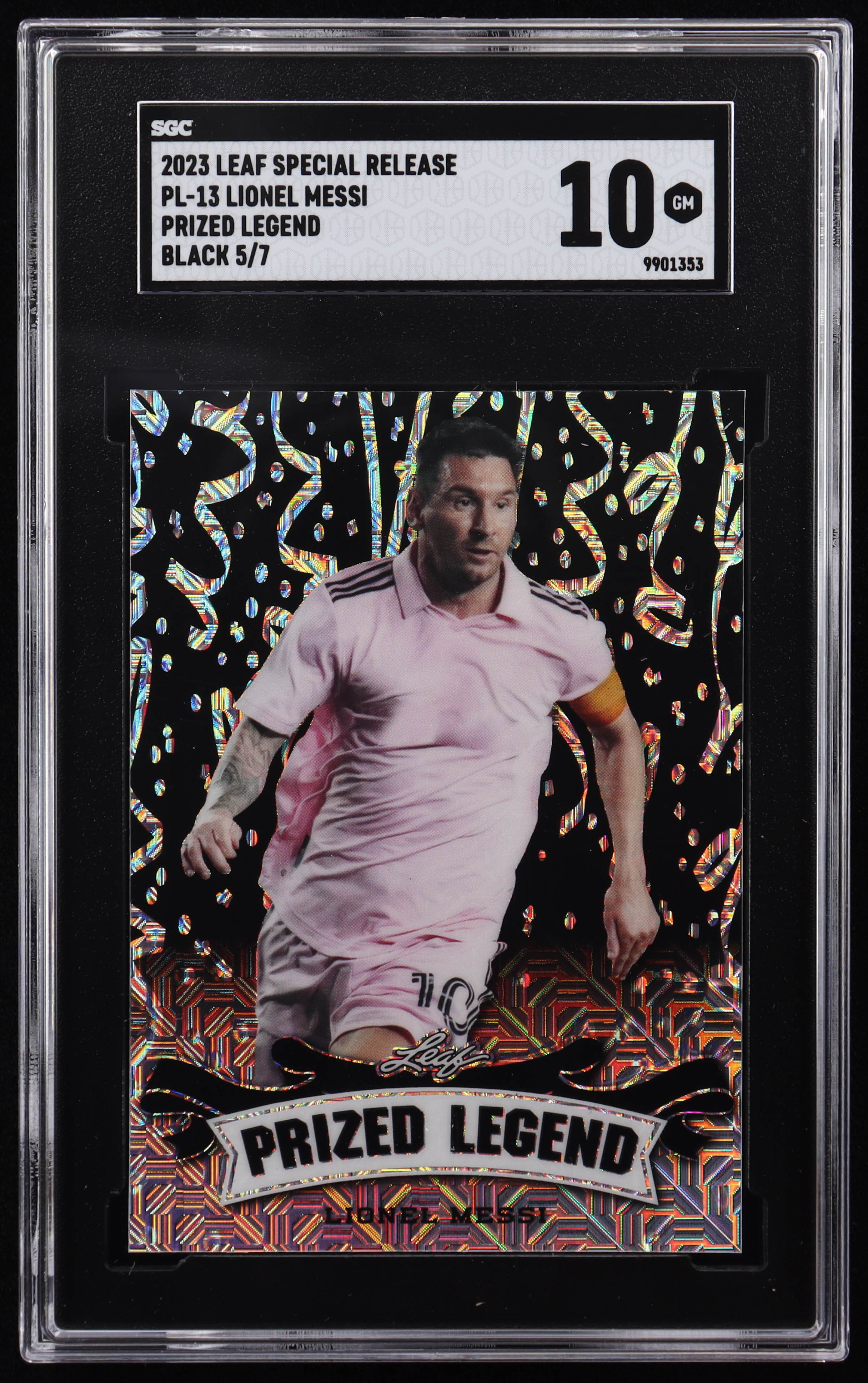 Lionel Messi 2023 Leaf Special Release Prized Legend Mojo Black #PL13 #5/7 (SGC 10) at PristineAuction.com Lionel Messi 2023 Leaf Special Release Prized Legend Mojo Black #PL13 #5/7 (SGC 10) at PristineAuction.com