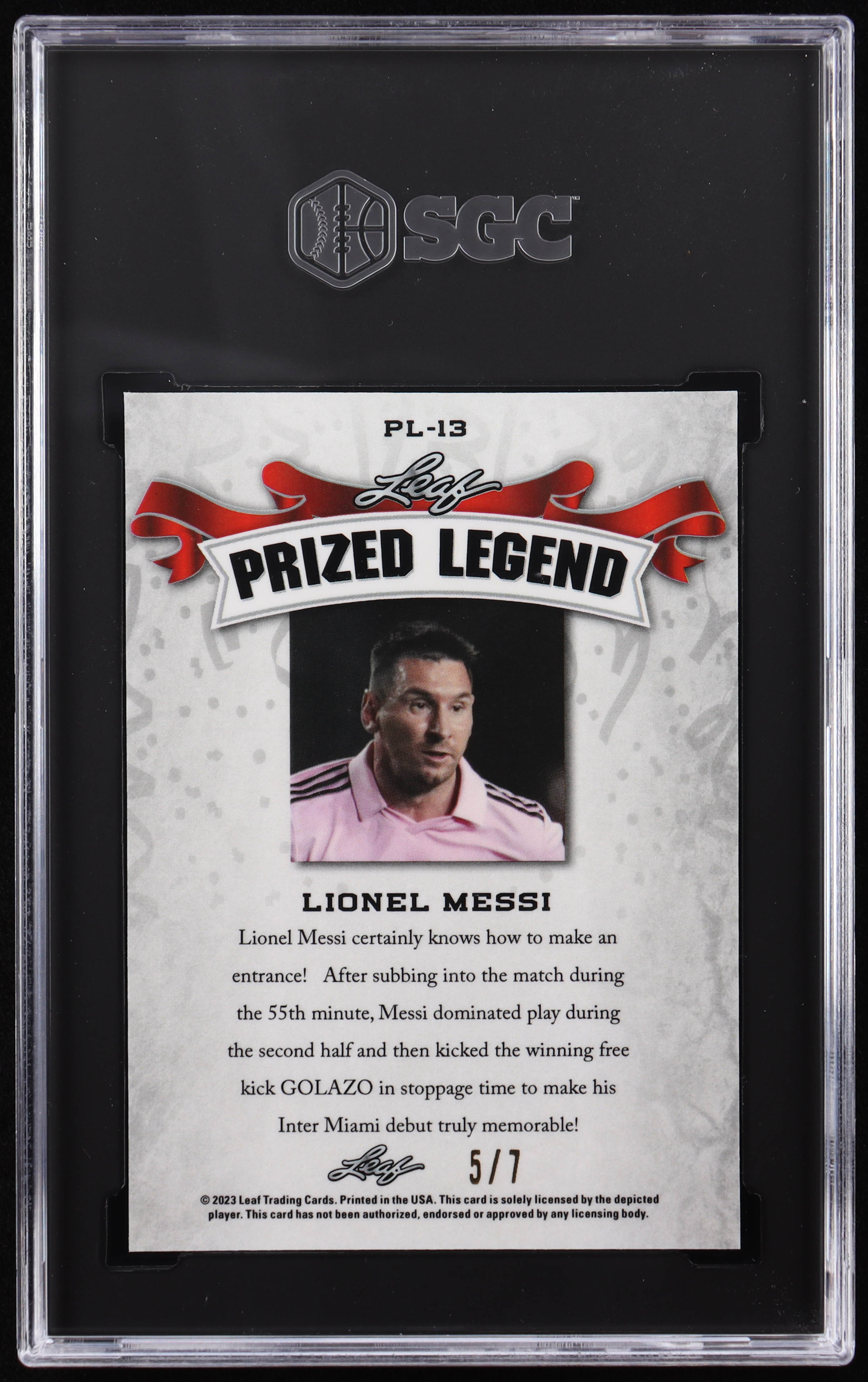 Lionel Messi 2023 Leaf Special Release Prized Legend Mojo Black #PL13 #5/7 (SGC 10) at PristineAuction.com Lionel Messi 2023 Leaf Special Release Prized Legend Mojo Black #PL13 #5/7 (SGC 10) at PristineAuction.com
