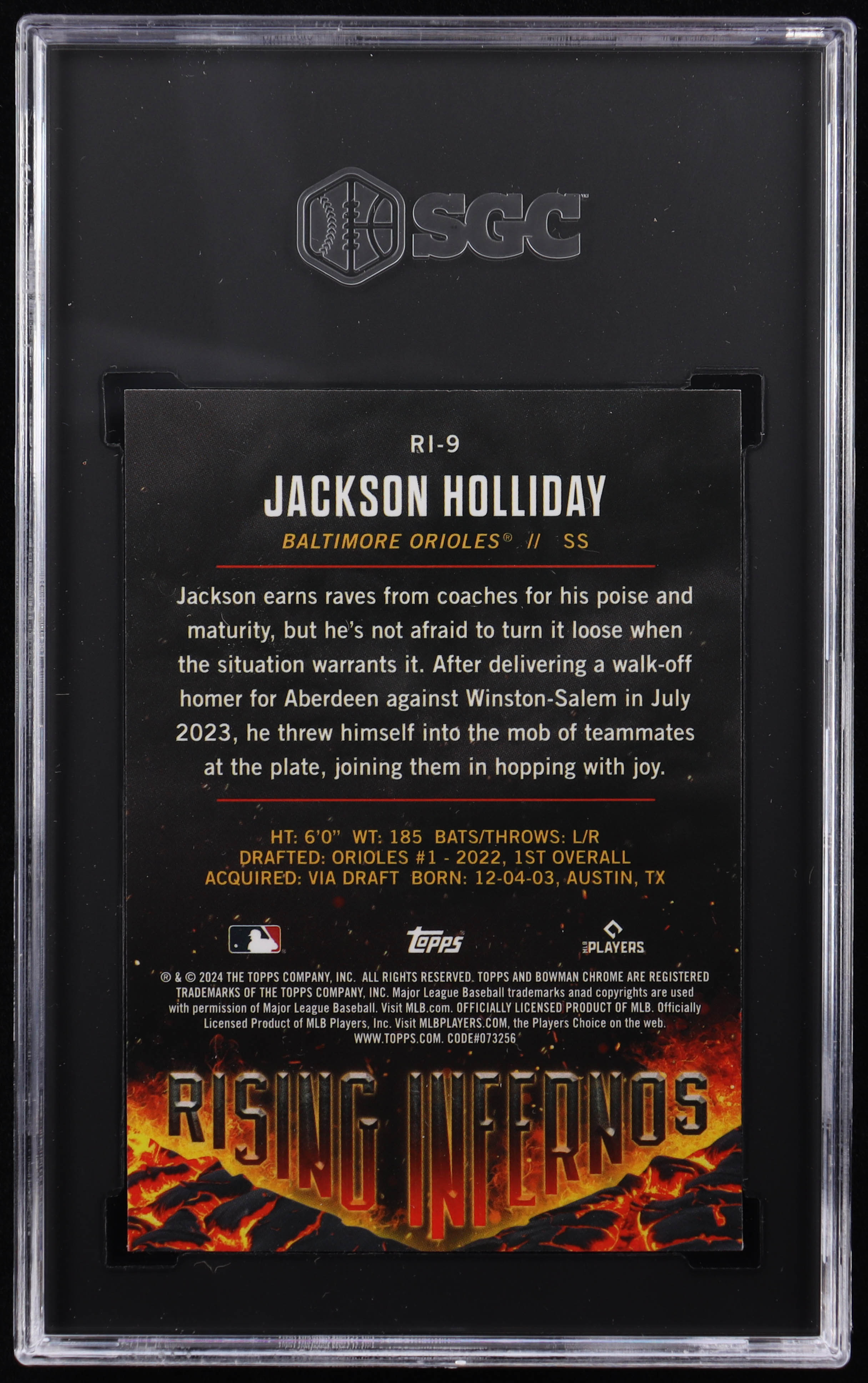 Jackson Holliday 2024 Bowman Chrome Rising Infernos #RI-9 RC (SGC 10) at PristineAuction.com Jackson Holliday 2024 Bowman Chrome Rising Infernos #RI-9 RC (SGC 10) at PristineAuction.com