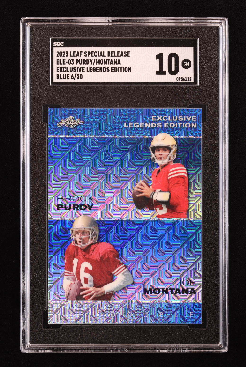Brock Purdy / Joe Montana 2023 Leaf Special Release Exclusive Legends Edition Double Mojo Blue #ELE3 #6/20 (SGC 10) at PristineAuction.com Brock Purdy / Joe Montana 2023 Leaf Special Release Exclusive Legends Edition Double Mojo Blue #ELE3 #6/20 (SGC 10) at PristineAuction.com