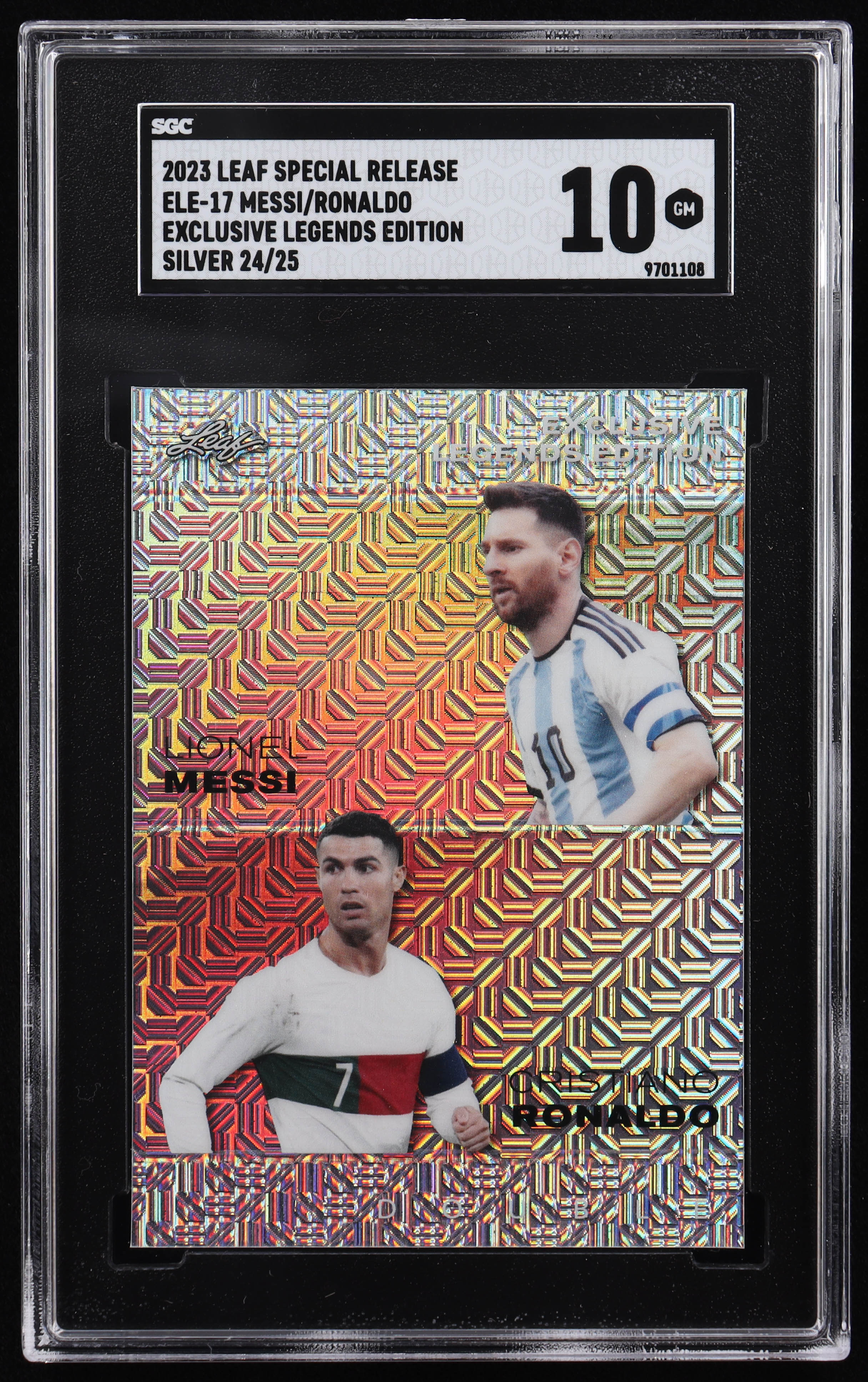 Lionel Messi / Cristiano Ronaldo 2023 Leaf Special Release Exclusive Legends Edition Mojo Silver #ELE17 #24/25 (SGC 10) at PristineAuction.com Lionel Messi / Cristiano Ronaldo 2023 Leaf Special Release Exclusive Legends Edition Mojo Silver #ELE17 #24/25 (SGC 10) at PristineAuction.com