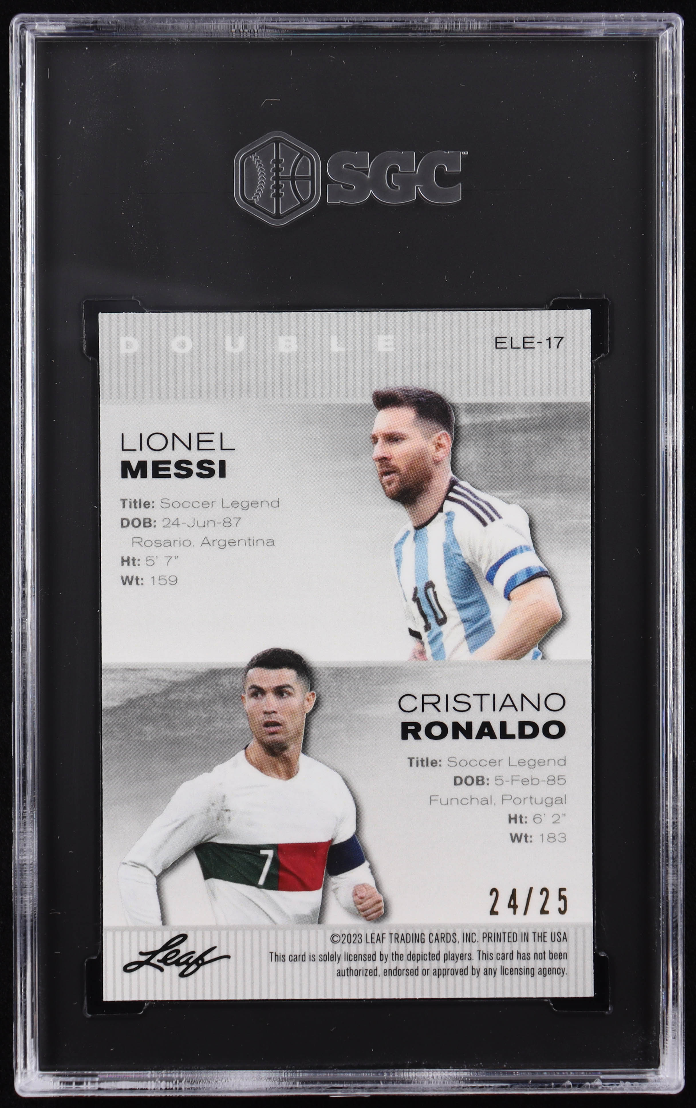 Lionel Messi / Cristiano Ronaldo 2023 Leaf Special Release Exclusive Legends Edition Mojo Silver #ELE17 #24/25 (SGC 10) at PristineAuction.com Lionel Messi / Cristiano Ronaldo 2023 Leaf Special Release Exclusive Legends Edition Mojo Silver #ELE17 #24/25 (SGC 10) at PristineAuction.com