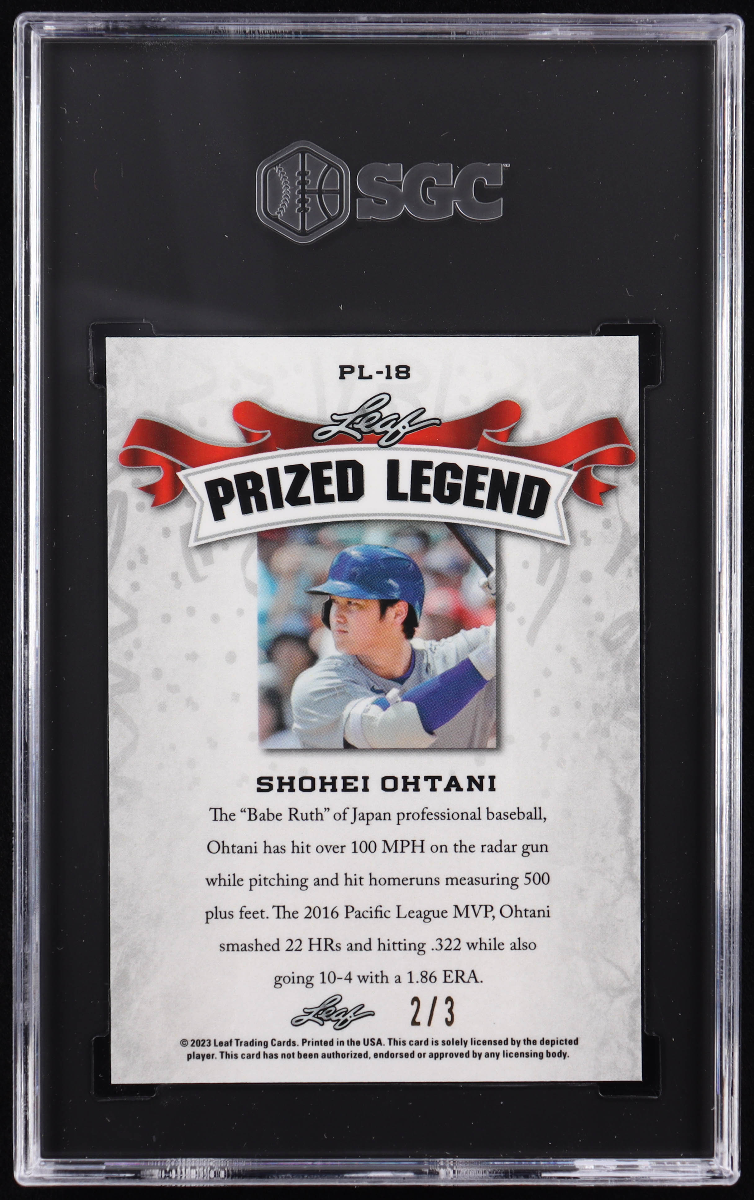 Shohei Ohtani 2023 Leaf Special Release Prized Legend Mojo Orange #PL18 #2/3 (SGC 10) at PristineAuction.com Shohei Ohtani 2023 Leaf Special Release Prized Legend Mojo Orange #PL18 #2/3 (SGC 10) at PristineAuction.com