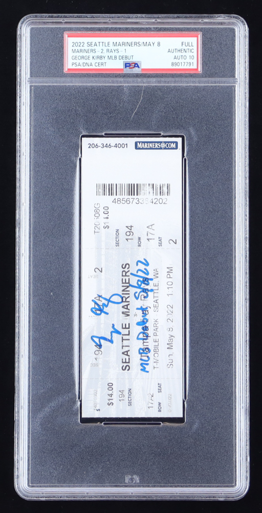 George Kirby Signed 2022 MLB Debut Ticket Inscribed "MLB Debut 5/8/22" (PSA | Auto Grade 10) at PristineAuction.com George Kirby Signed 2022 MLB Debut Ticket Inscribed "MLB Debut 5/8/22" (PSA | Auto Grade 10) at PristineAuction.com