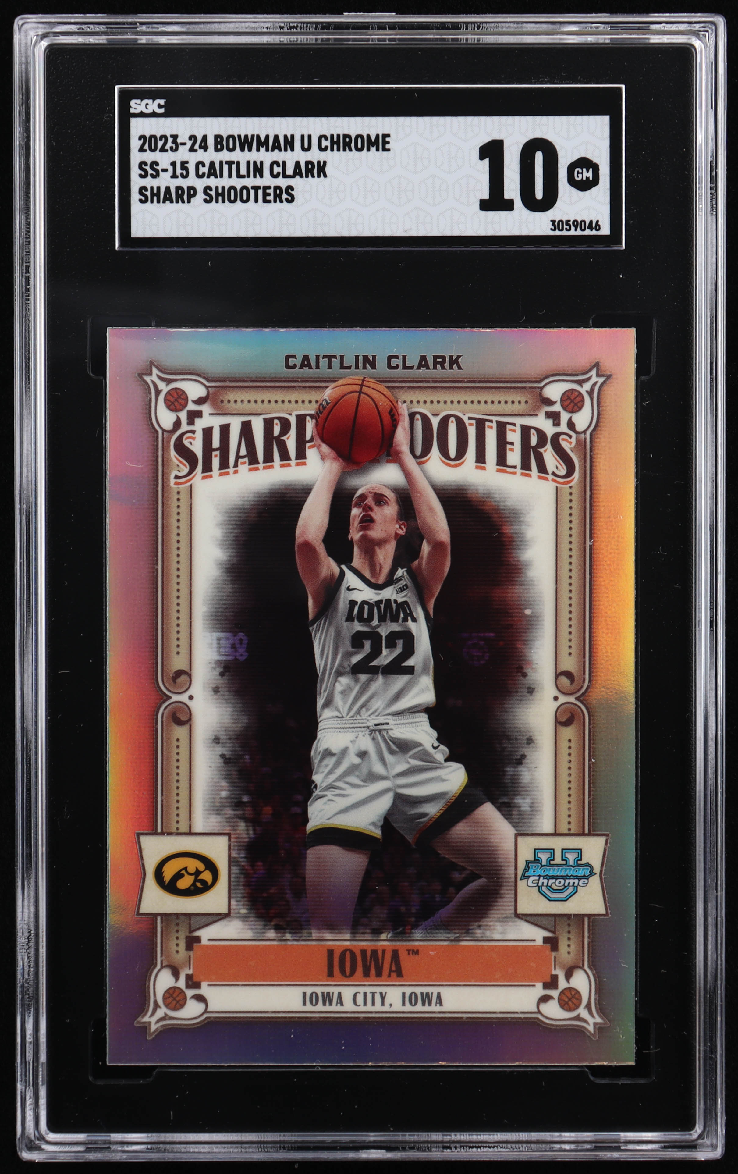 Caitlin Clark 2023-24 Bowman Chrome University Sharp Shooters #SS15 RC (SGC 10) at PristineAuction.com Caitlin Clark 2023-24 Bowman Chrome University Sharp Shooters #SS15 RC (SGC 10) at PristineAuction.com