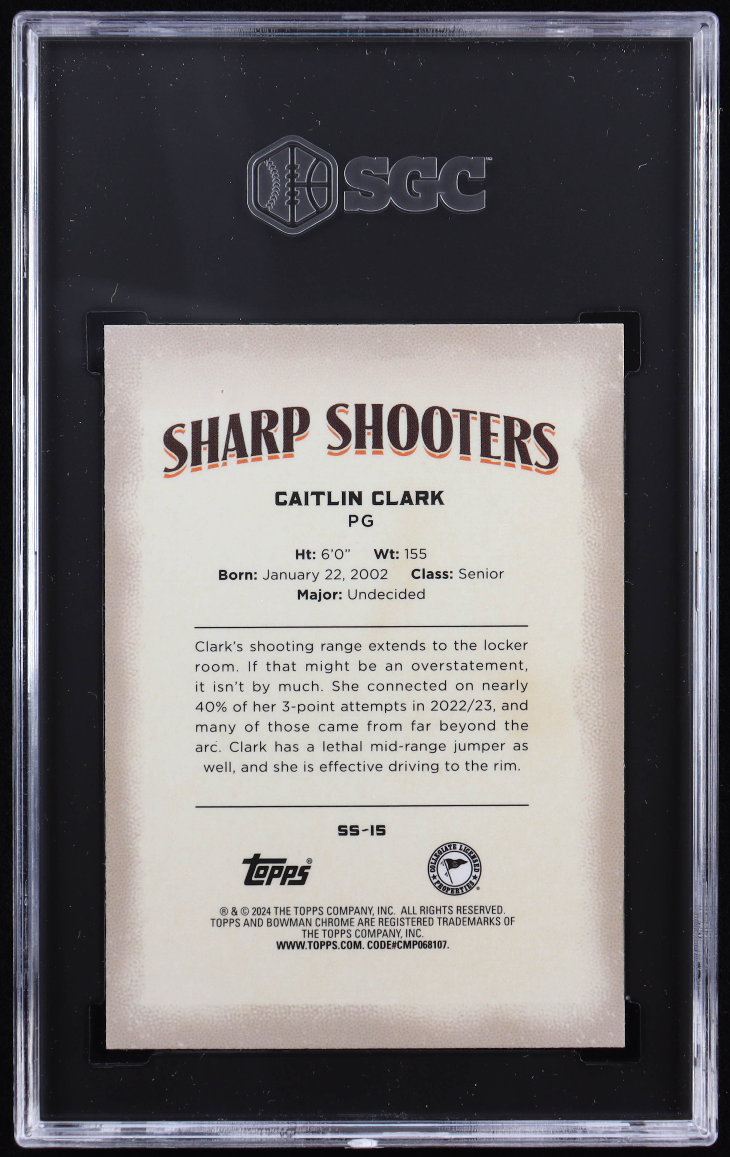 Caitlin Clark 2023-24 Bowman Chrome University Sharp Shooters #SS15 RC (SGC 10) at PristineAuction.com Caitlin Clark 2023-24 Bowman Chrome University Sharp Shooters #SS15 RC (SGC 10) at PristineAuction.com