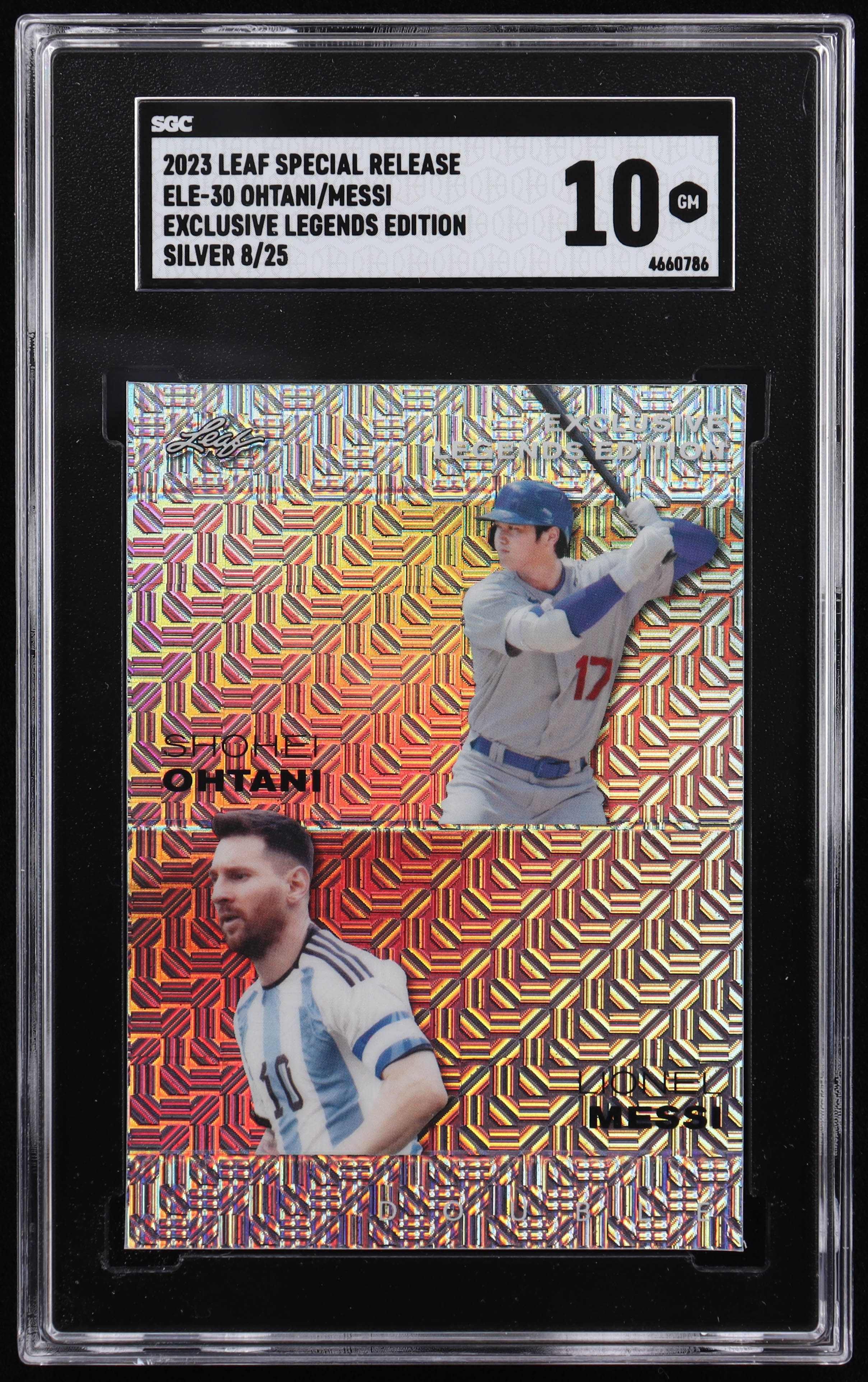Shohei Ohtani / Lionel Messi 2023 Leaf Special Release Exclusive Legends Edition Mojo Silver #ELE30 #08/25 (SGC 10) at PristineAuction.com Shohei Ohtani / Lionel Messi 2023 Leaf Special Release Exclusive Legends Edition Mojo Silver #ELE30 #08/25 (SGC 10) at PristineAuction.com