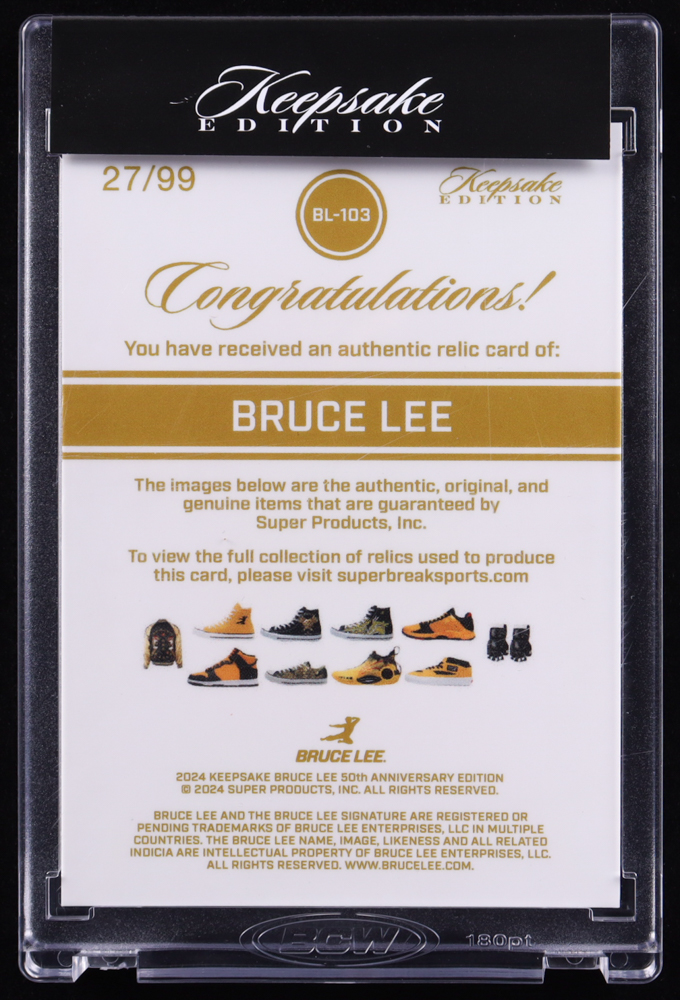 Bruce Lee 2024 Keepsake Edition 50th Anniversary Edition Patch Card With Lighted Display Box #BL103 #27/99 at PristineAuction.com Bruce Lee 2024 Keepsake Edition 50th Anniversary Edition Patch Card With Lighted Display Box #BL103 #27/99 at PristineAuction.com