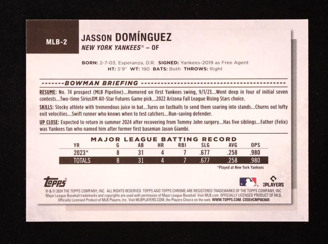 Jasson Dominguez 2024 Topps Chrome National Convention #MLB2 RC at PristineAuction.com Jasson Dominguez 2024 Topps Chrome National Convention #MLB2 RC at PristineAuction.com