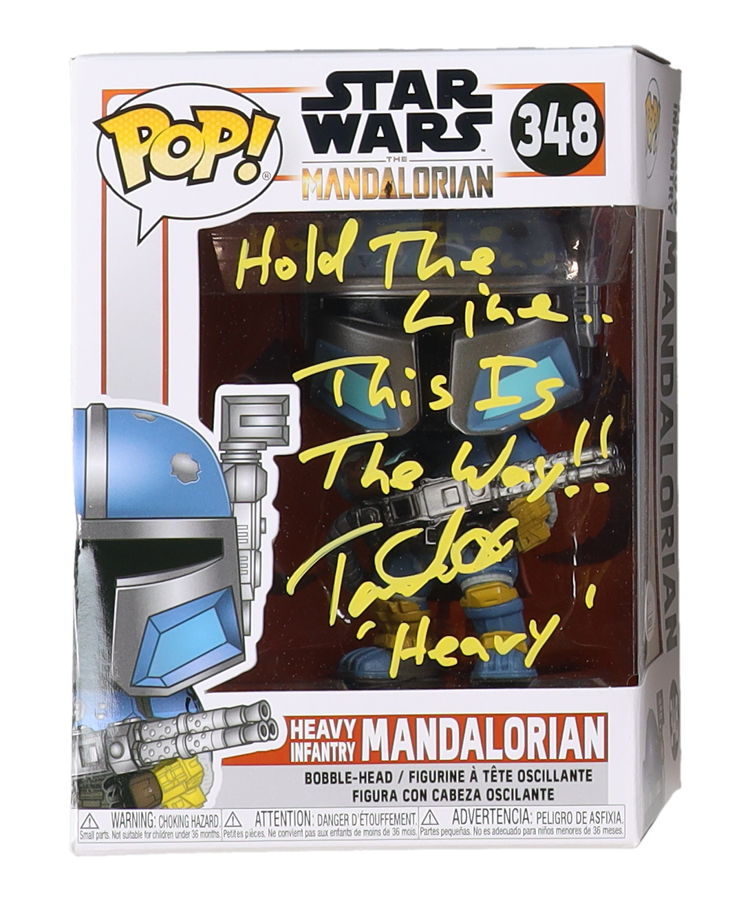 Tait Fletcher Signed "Star Wars: The Mandalorian" #348 Heavy Infantry Mandalorian Funko Pop! Vinyl Figure Inscribed "Hold The Line.. This Is The Way!!" & "Heavy" (JSA) at PristineAuction.com Tait Fletcher Signed "Star Wars: The Mandalorian" #348 Heavy Infantry Mandalorian Funko Pop! Vinyl Figure Inscribed "Hold The Line.. This Is The Way!!" & "Heavy" (JSA) at PristineAuction.com