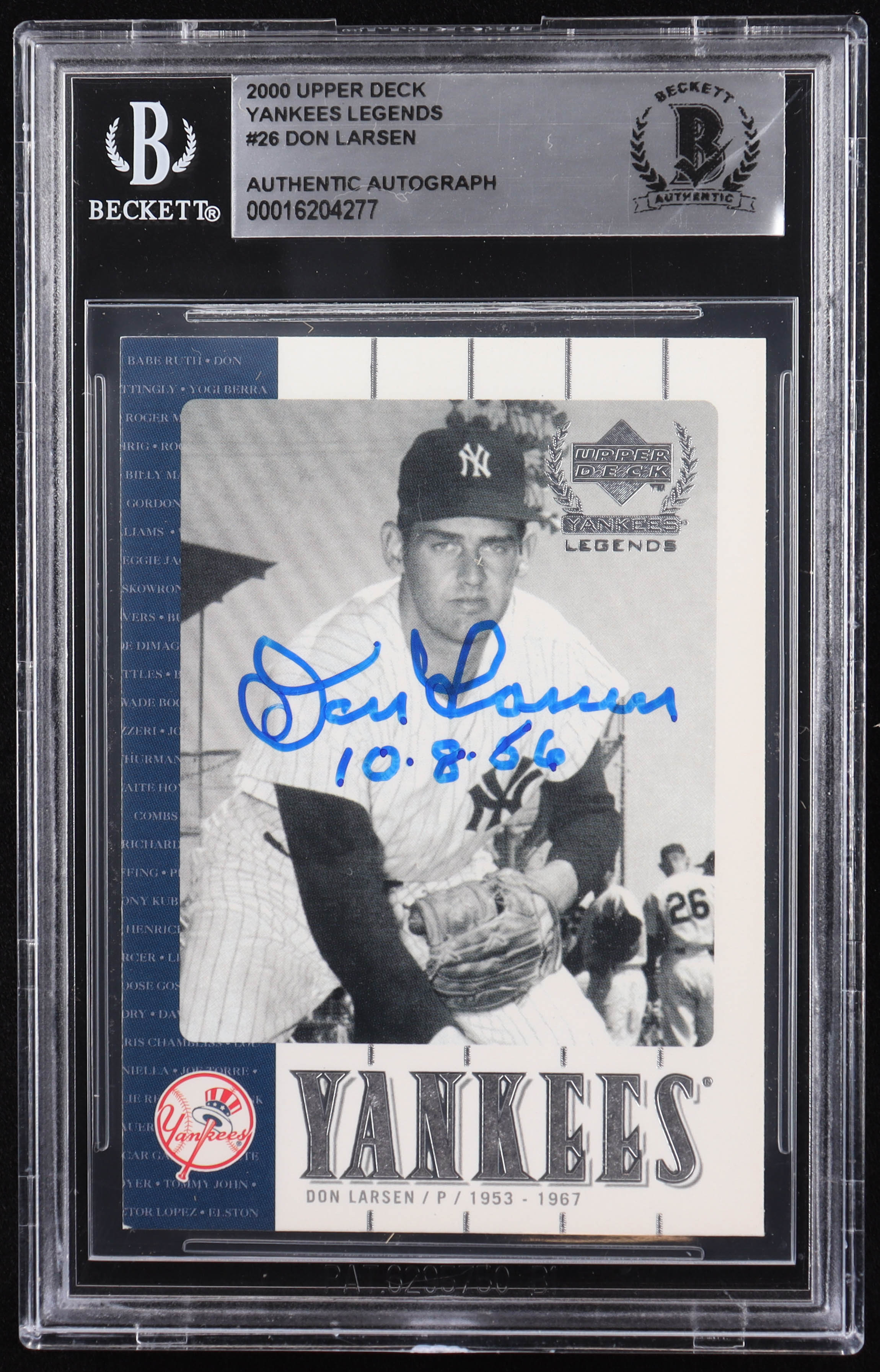 Don Larsen Signed 2000 Upper Deck Yankees Legends #26 Inscribed "10-8-56" (BGS) at PristineAuction.com Don Larsen Signed 2000 Upper Deck Yankees Legends #26 Inscribed "10-8-56" (BGS) at PristineAuction.com