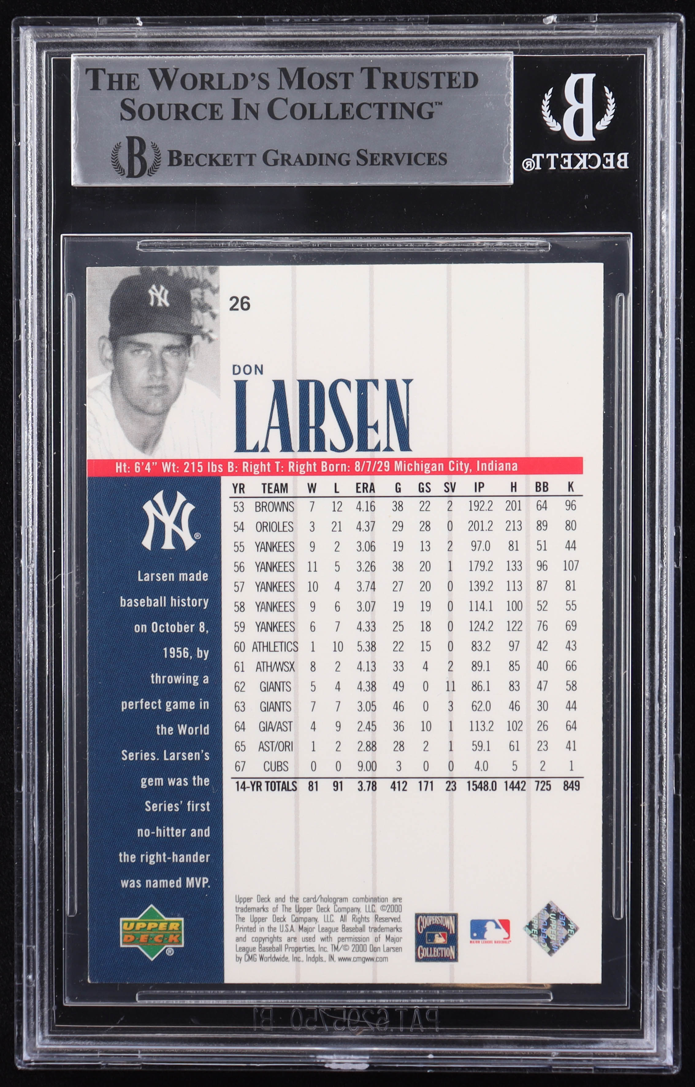 Don Larsen Signed 2000 Upper Deck Yankees Legends #26 Inscribed "10-8-56" (BGS) at PristineAuction.com Don Larsen Signed 2000 Upper Deck Yankees Legends #26 Inscribed "10-8-56" (BGS) at PristineAuction.com