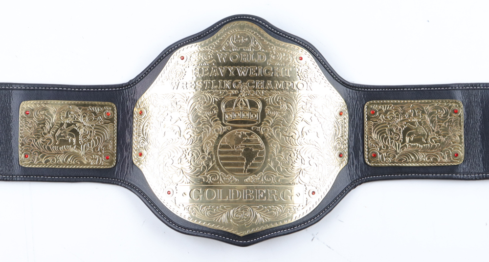 GOLDBERG Signed Big Gold Heavyweight Championship Belt Inscribed "Who's Next?" (PSA) at PristineAuction.com GOLDBERG Signed Big Gold Heavyweight Championship Belt Inscribed "Who's Next?" (PSA) at PristineAuction.com