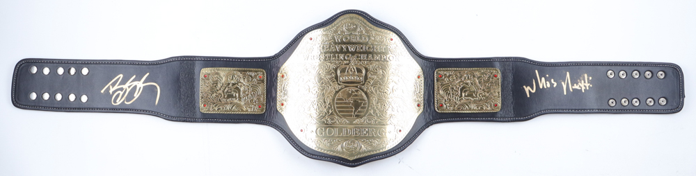GOLDBERG Signed Big Gold Heavyweight Championship Belt Inscribed "Who's Next?" (PSA) at PristineAuction.com GOLDBERG Signed Big Gold Heavyweight Championship Belt Inscribed "Who's Next?" (PSA) at PristineAuction.com