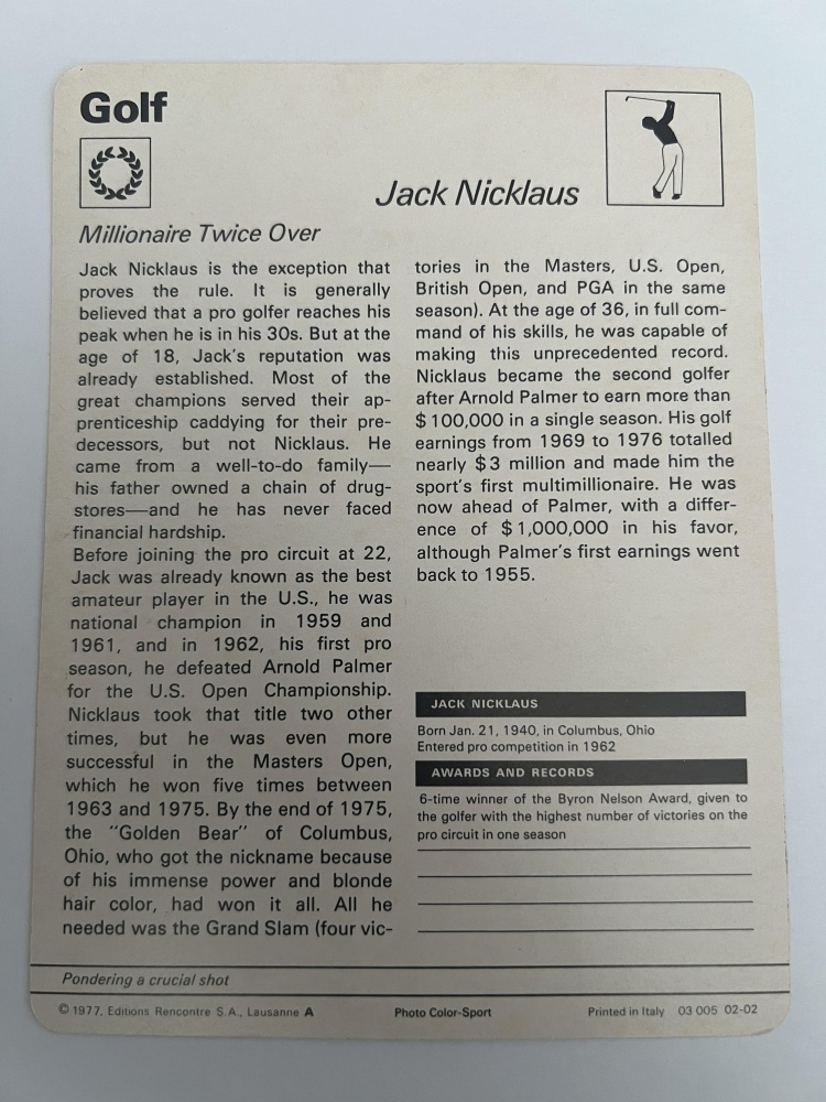 Jack Nicklaus 1977-79 Sportscaster #02-02 at PristineAuction.com Jack Nicklaus 1977-79 Sportscaster #02-02 at PristineAuction.com