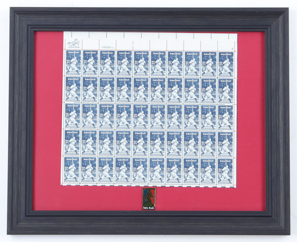 Babe Ruth 1983 Full Uncut U.S. Stamp Sheet Custom Framed Display with Ruth 100 Anniversary Pin at PristineAuction.com Babe Ruth 1983 Full Uncut U.S. Stamp Sheet Custom Framed Display with Ruth 100 Anniversary Pin at PristineAuction.com