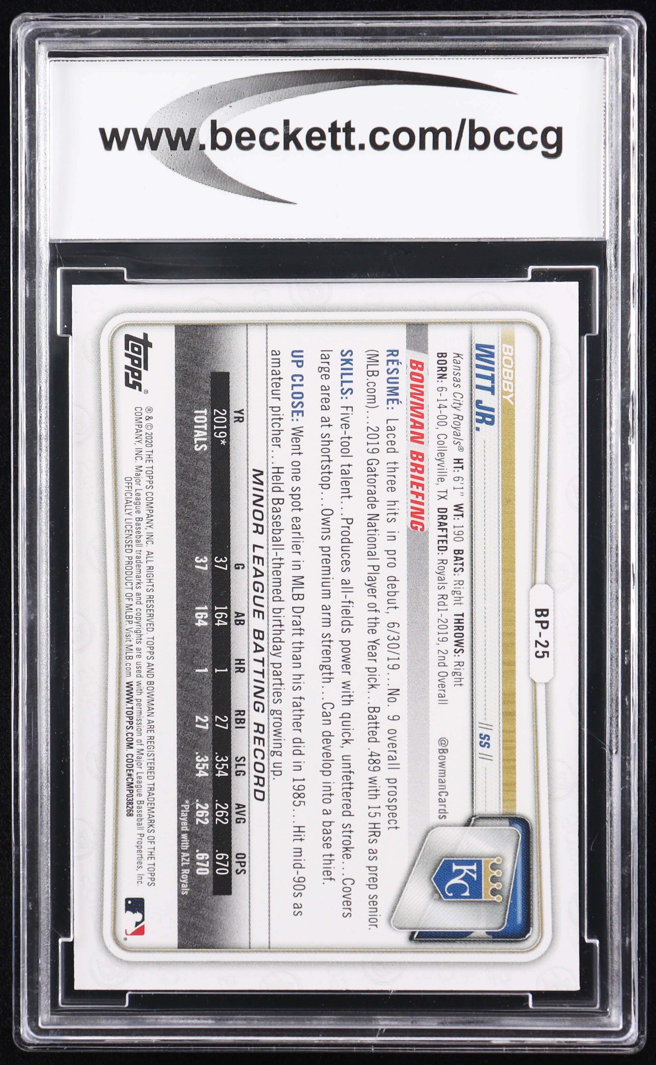 Bobby Witt Jr. 2020 Bowman Prospects #BP25 RC (BCCG 10) at PristineAuction.com Bobby Witt Jr. 2020 Bowman Prospects #BP25 RC (BCCG 10) at PristineAuction.com