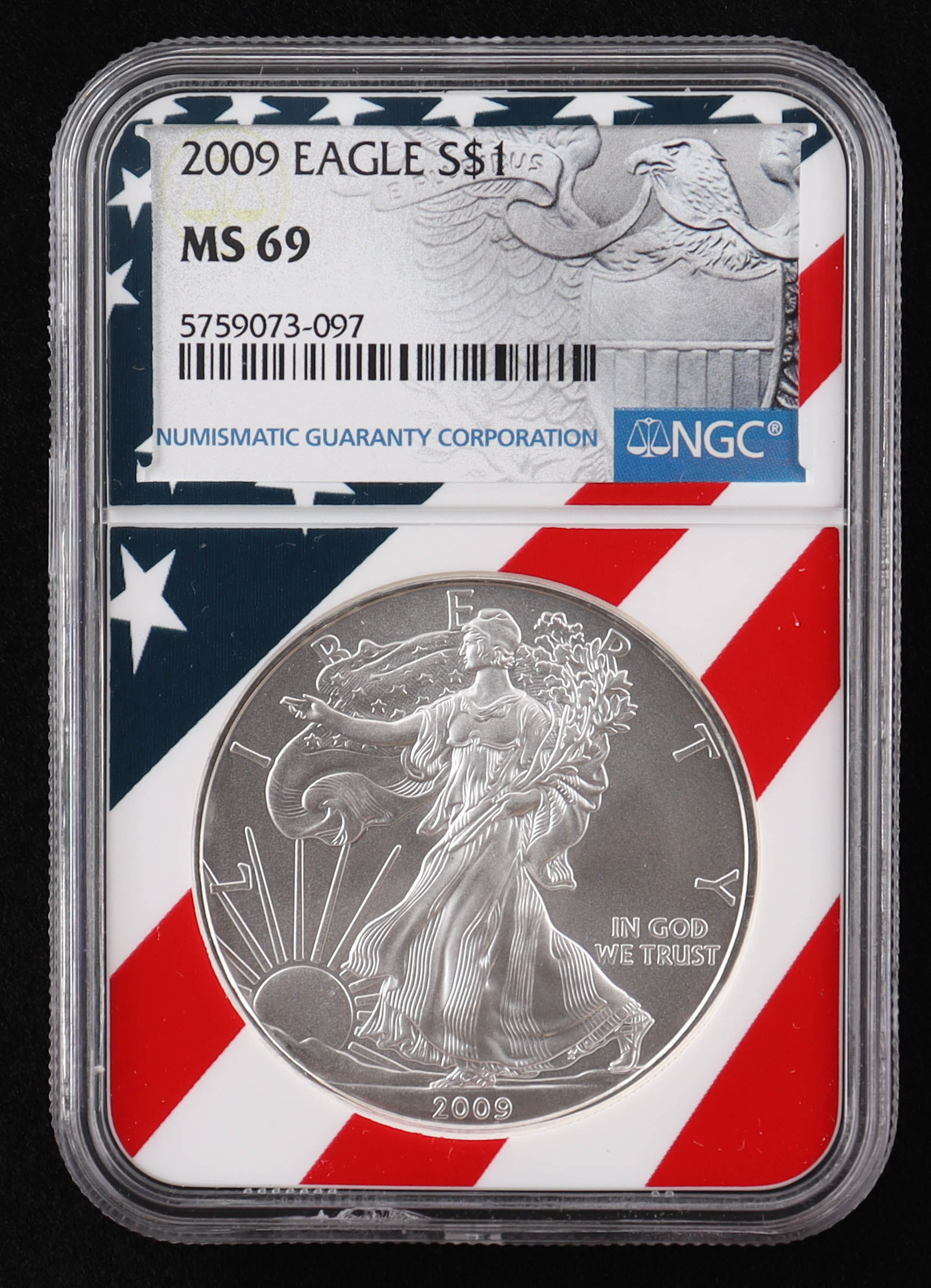 2009 American Silver Eagle - American Flag Core (NGC MS69) at PristineAuction.com 2009 American Silver Eagle - American Flag Core (NGC MS69) at PristineAuction.com