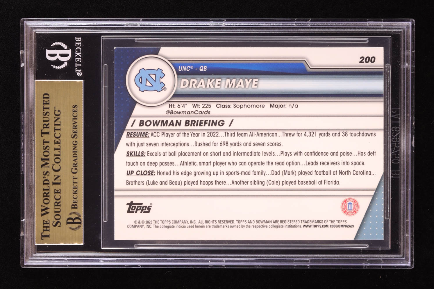 Drake Maye 2023 Bowman Chrome University #200 RC (BGS 9.5) at PristineAuction.com Drake Maye 2023 Bowman Chrome University #200 RC (BGS 9.5) at PristineAuction.com