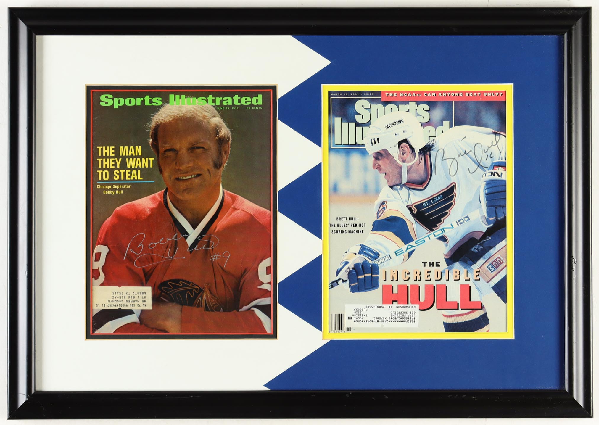 Brett Hull & Bobby Hull Signed Custom Framed Sports Illustrated Cover Displays (Beckett) at PristineAuction.com Brett Hull & Bobby Hull Signed Custom Framed Sports Illustrated Cover Displays (Beckett) at PristineAuction.com