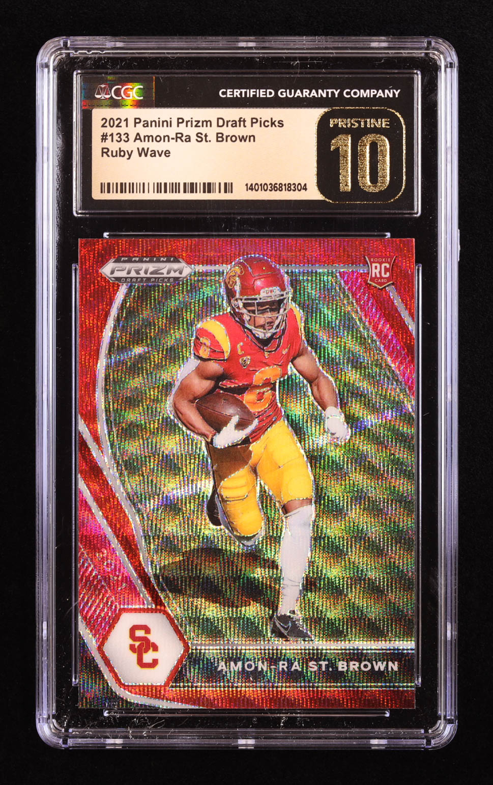 Amon-Ra St. Brown 2021 Panini Prizm Draft Picks Prizms Ruby Wave #133 RC (CGC 10 | Pristine Black Label) at PristineAuction.com Amon-Ra St. Brown 2021 Panini Prizm Draft Picks Prizms Ruby Wave #133 RC (CGC 10 | Pristine Black Label) at PristineAuction.com