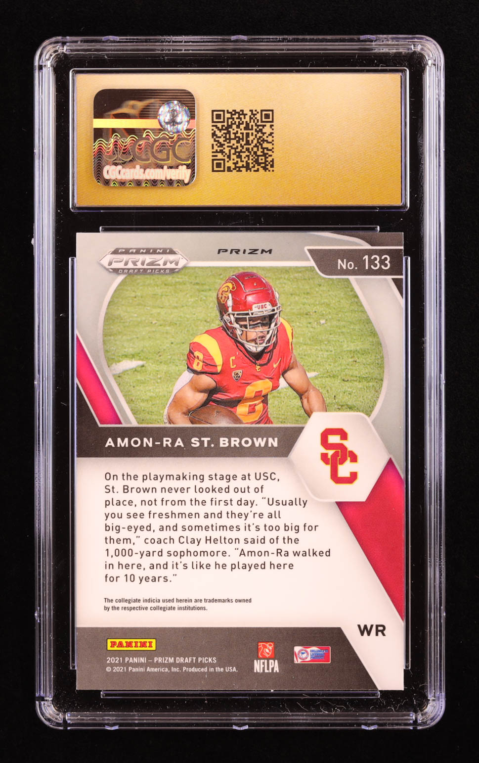 Amon-Ra St. Brown 2021 Panini Prizm Draft Picks Prizms Ruby Wave #133 RC (CGC 10 | Pristine Black Label) at PristineAuction.com Amon-Ra St. Brown 2021 Panini Prizm Draft Picks Prizms Ruby Wave #133 RC (CGC 10 | Pristine Black Label) at PristineAuction.com