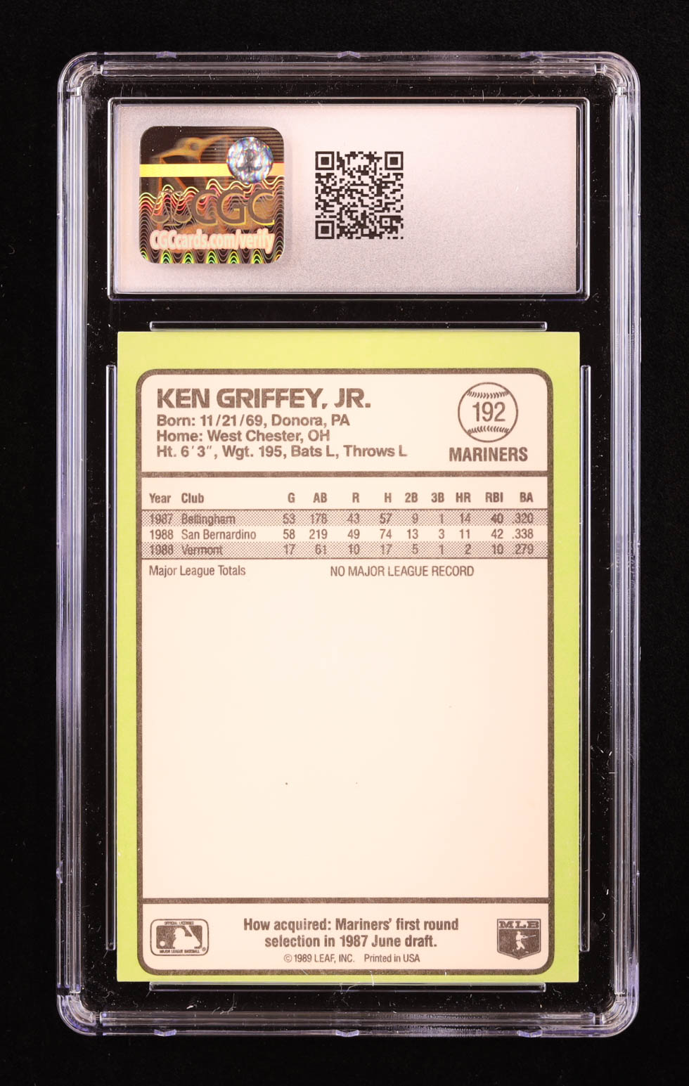 Ken Griffey Jr. 1989 Donruss Baseball's Best #192 RC (CGC 9) at PristineAuction.com Ken Griffey Jr. 1989 Donruss Baseball's Best #192 RC (CGC 9) at PristineAuction.com