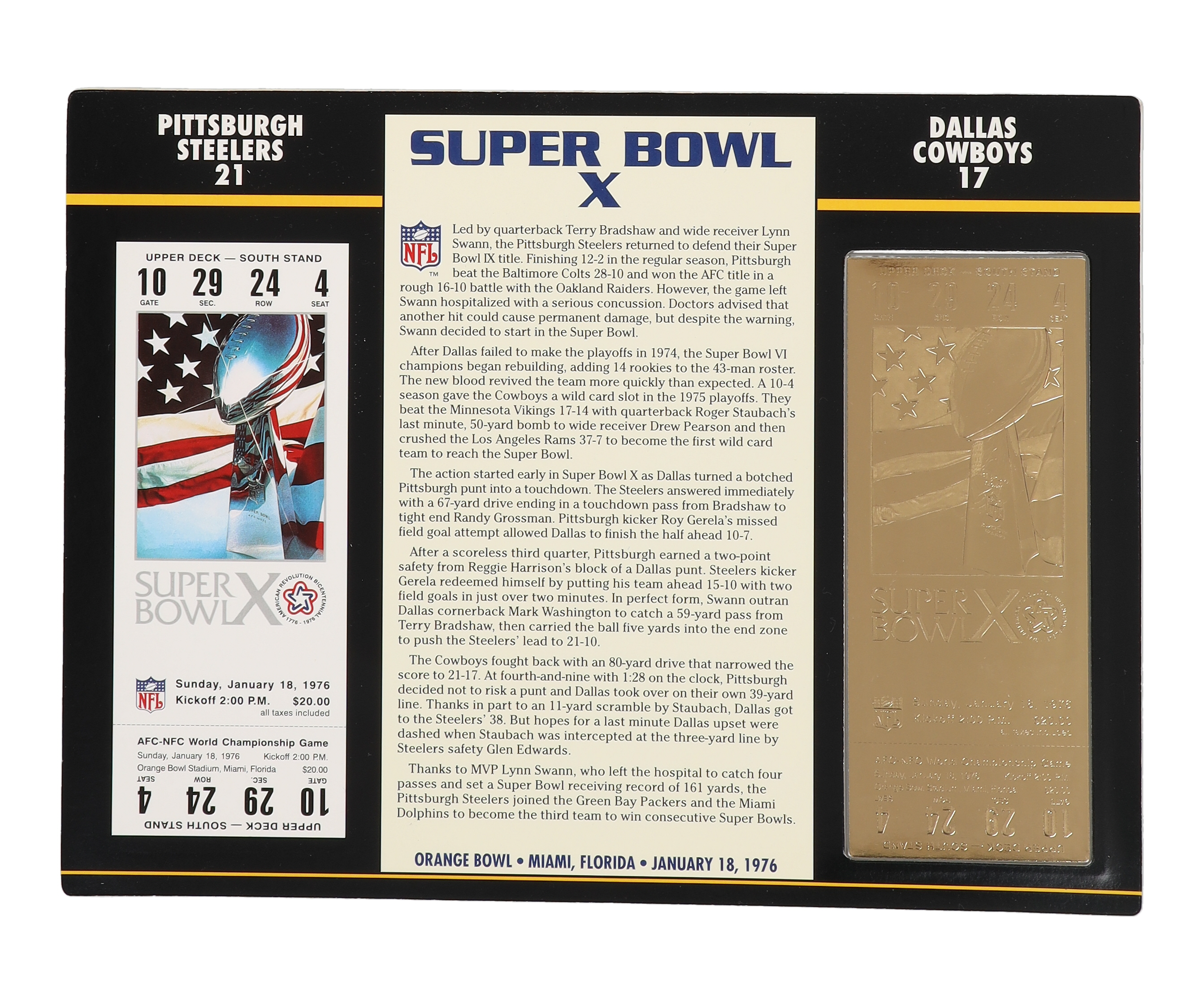 Super Bowl X Commemorative 9x12 Score Card Display with 22KT Gold Ticket at PristineAuction.com Super Bowl X Commemorative 9x12 Score Card Display with 22KT Gold Ticket at PristineAuction.com