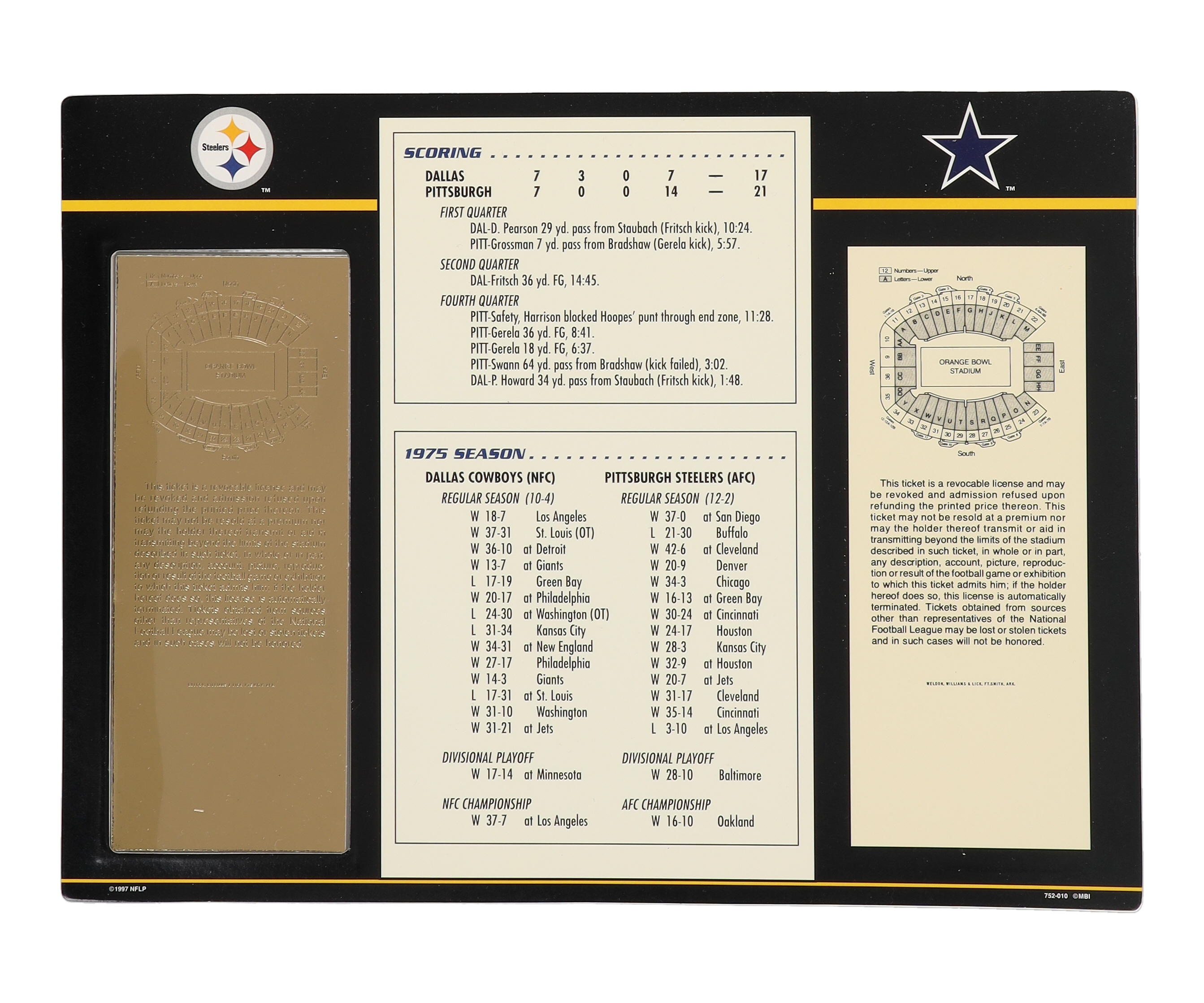 Super Bowl X Commemorative 9x12 Score Card Display with 22KT Gold Ticket at PristineAuction.com Super Bowl X Commemorative 9x12 Score Card Display with 22KT Gold Ticket at PristineAuction.com