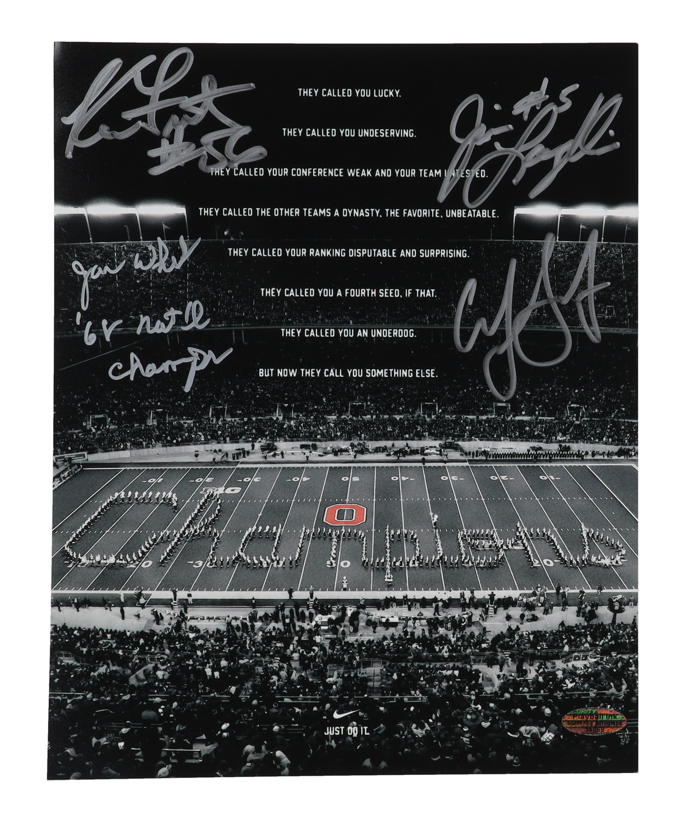 Ohio State Buckeyes 8x10 Photo Signed by (4) With Jan White, Ken Fritz, Curtis Grant, Jim Laughlin Inscribed "68 Nat'l Champs" (Playball Ink) at PristineAuction.com Ohio State Buckeyes 8x10 Photo Signed by (4) With Jan White, Ken Fritz, Curtis Grant, Jim Laughlin Inscribed "68 Nat'l Champs" (Playball Ink) at PristineAuction.com
