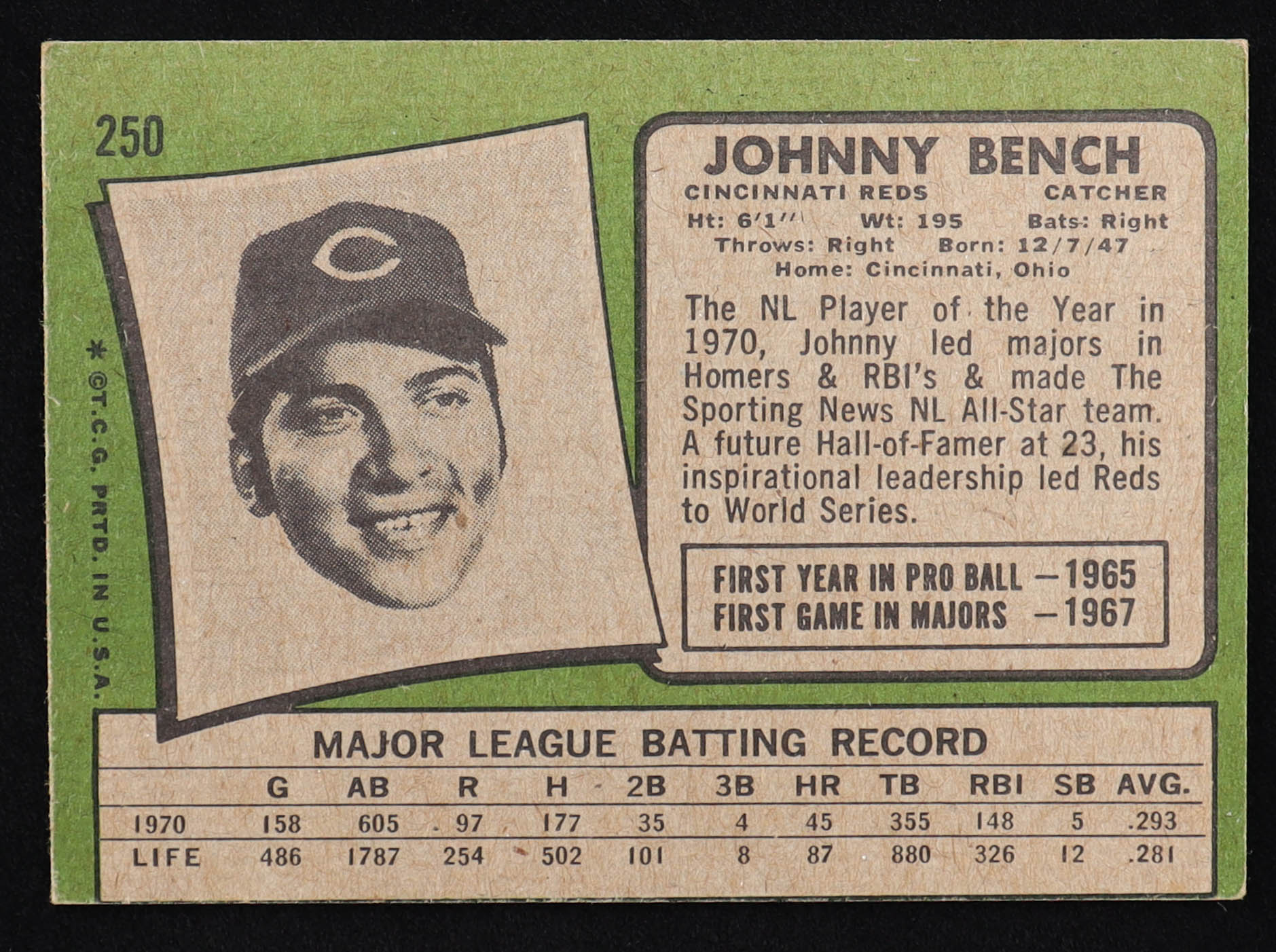 Johnny Bench 1971 Topps #250 at PristineAuction.com Johnny Bench 1971 Topps #250 at PristineAuction.com