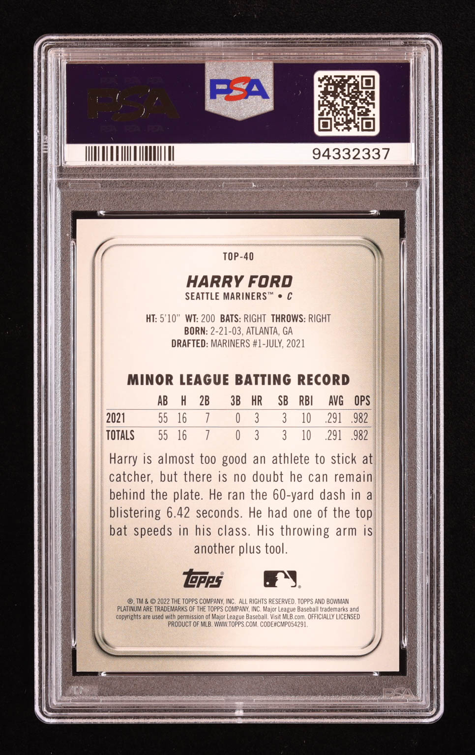 Harry Ford 2022 Bowman Platinum Top Prospects Green Icy Foil #TOP40 RC #88/99 (PSA 10) at PristineAuction.com Harry Ford 2022 Bowman Platinum Top Prospects Green Icy Foil #TOP40 RC #88/99 (PSA 10) at PristineAuction.com