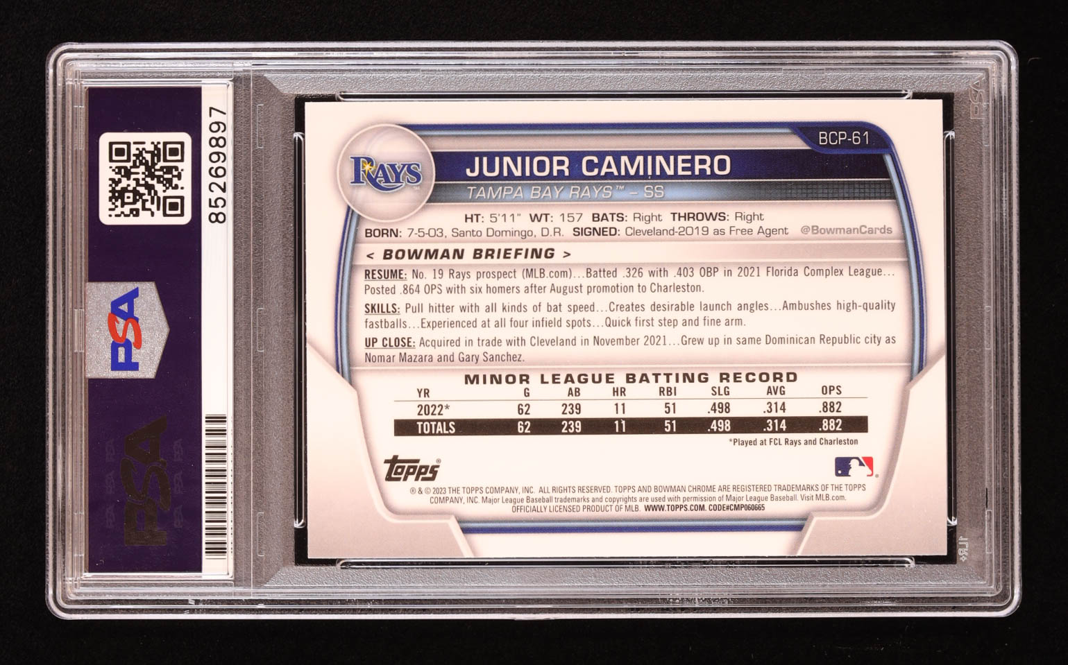 Junior Caminero Signed 2023 Bowman Chrome Prospects #BCP61 RC (PSA) at PristineAuction.com Junior Caminero Signed 2023 Bowman Chrome Prospects #BCP61 RC (PSA) at PristineAuction.com