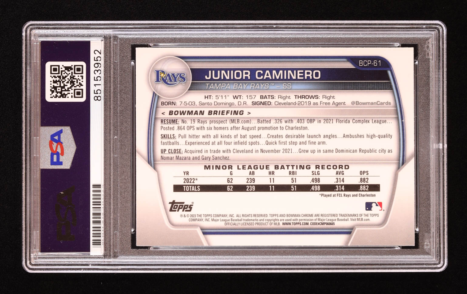 Junior Caminero Signed 2023 Bowman Chrome Prospects #BCP61 RC (PSA | Autograph Grade 10) at PristineAuction.com Junior Caminero Signed 2023 Bowman Chrome Prospects #BCP61 RC (PSA | Autograph Grade 10) at PristineAuction.com
