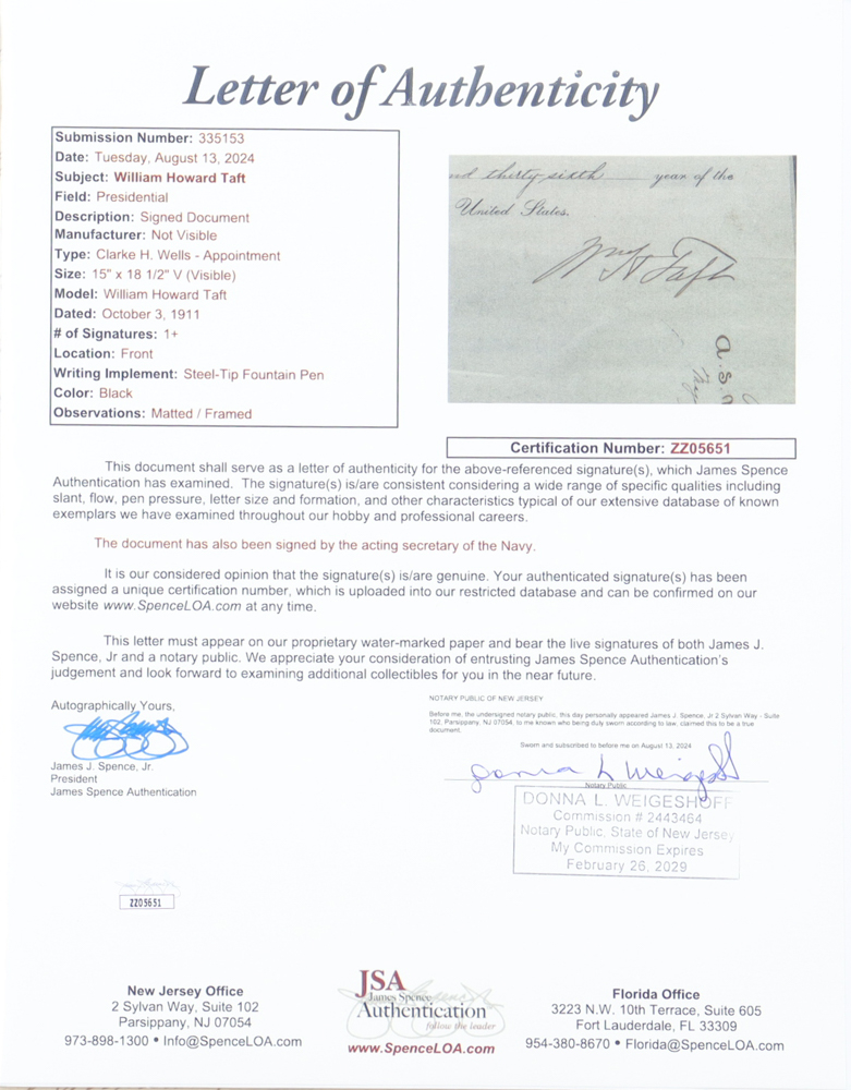 William Howard Taft Signed Custom Framed Document Display (JSA ...