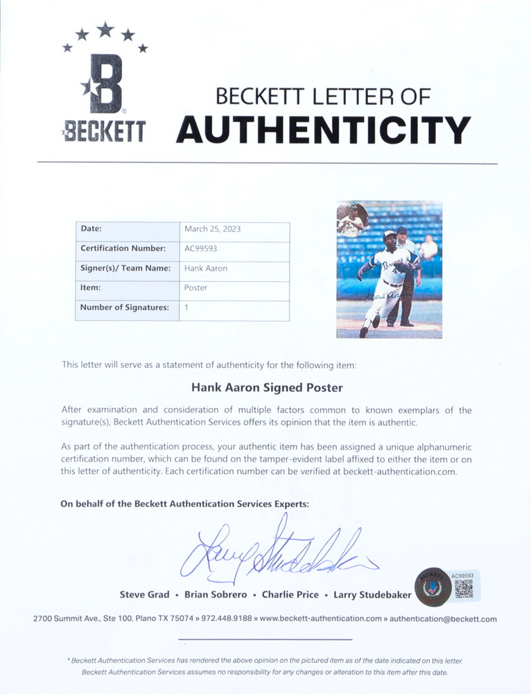 Hank Aaron Signed 10.75x13.75 Photo on Cardboard (Beckett) at PristineAuction.com Hank Aaron Signed 10.75x13.75 Photo on Cardboard (Beckett) at PristineAuction.com