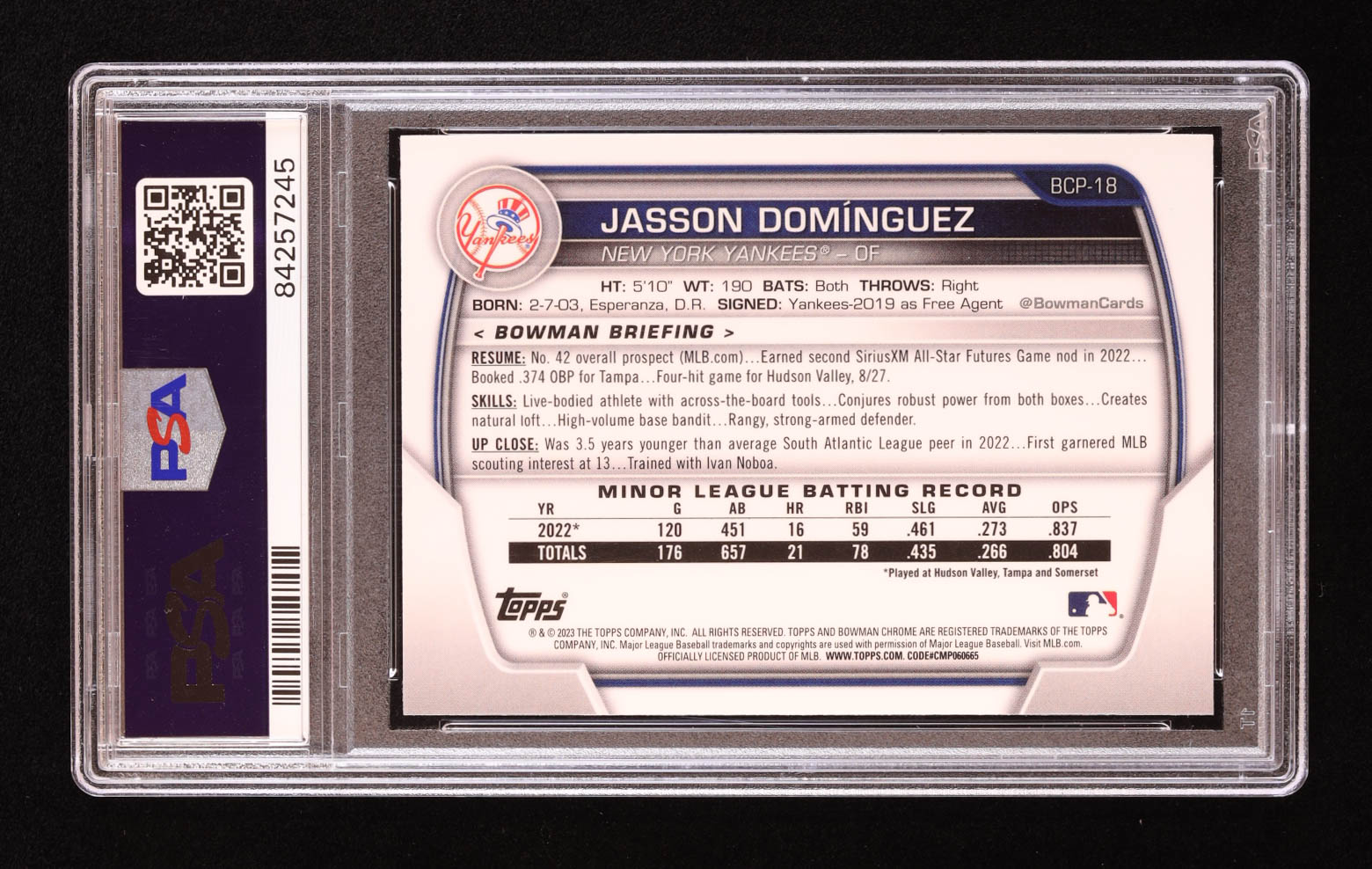 Jasson Dominguez 2023 Bowman Chrome Prospects #BCP18 RC (PSA 10) at PristineAuction.com Jasson Dominguez 2023 Bowman Chrome Prospects #BCP18 RC (PSA 10) at PristineAuction.com