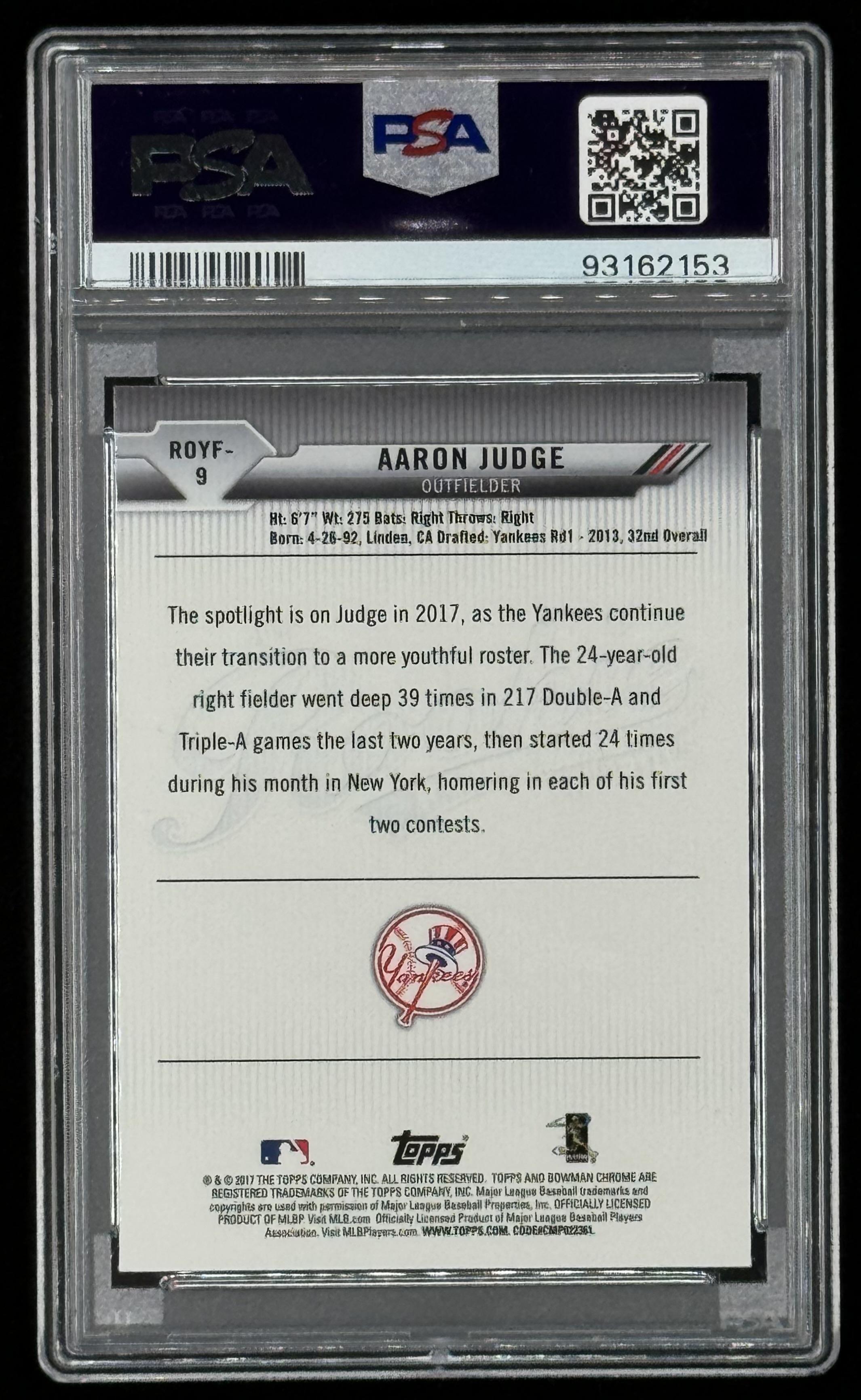 Aaron Judge 2017 Bowman Chrome Rookie of the Year Favorites #ROYF9 (PSA 10) at PristineAuction.com Aaron Judge 2017 Bowman Chrome Rookie of the Year Favorites #ROYF9 (PSA 10) at PristineAuction.com