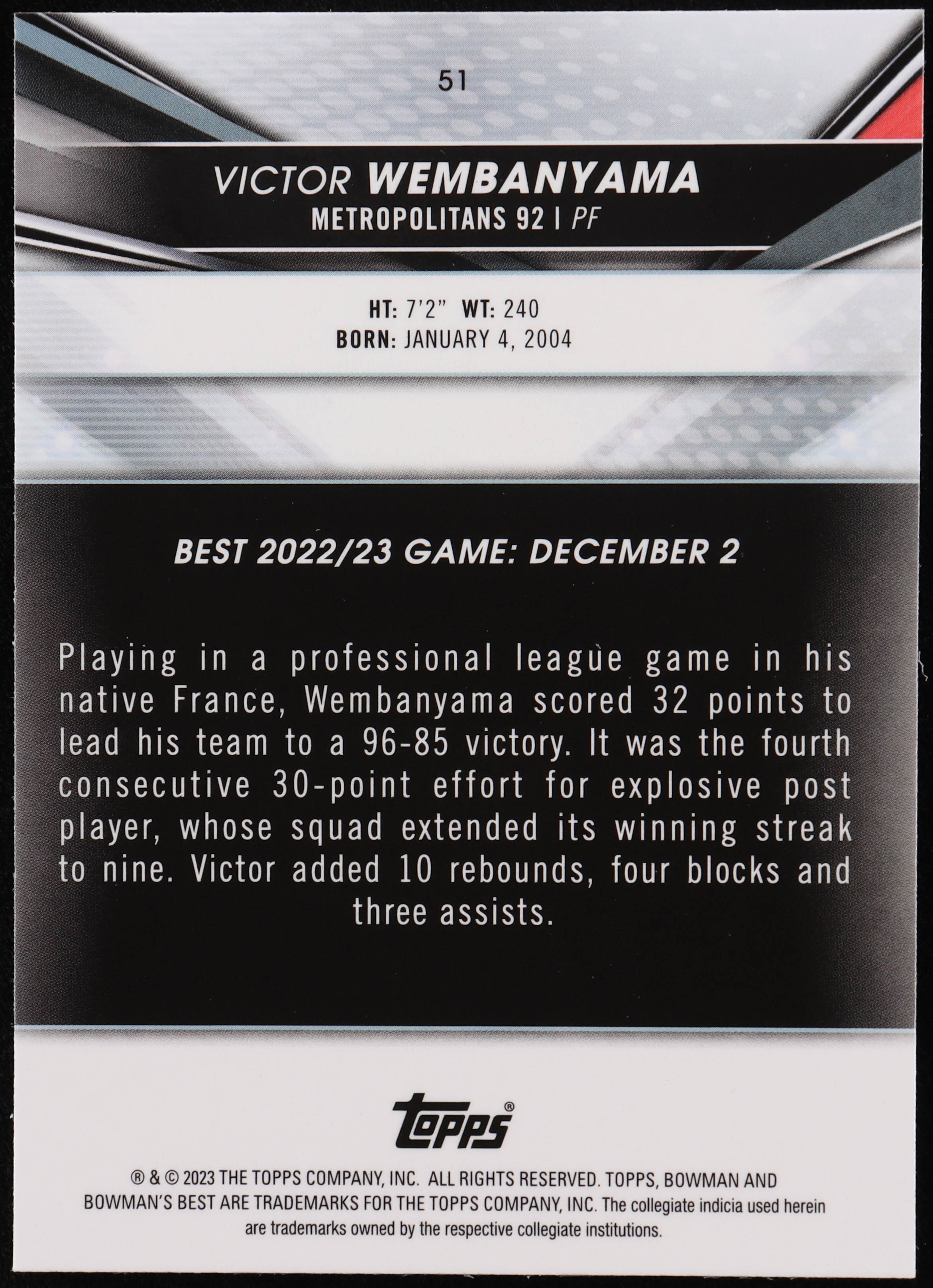Victor Wembanyama 2022-23 Bowman's Best University #51 RC at PristineAuction.com Victor Wembanyama 2022-23 Bowman's Best University #51 RC at PristineAuction.com